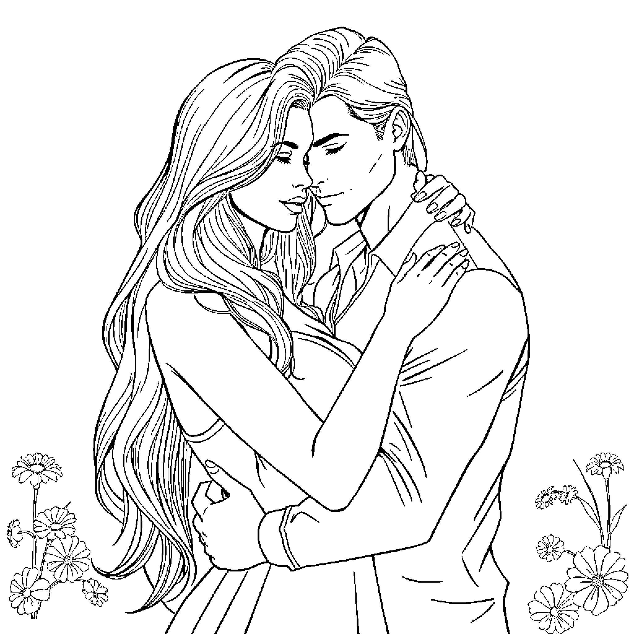 Man and woman in intimate embrace Coloring Page (free black-and-white line drawing printable PDF for all, from beginners to advanced learners, including children, teens, adults, and seniors)