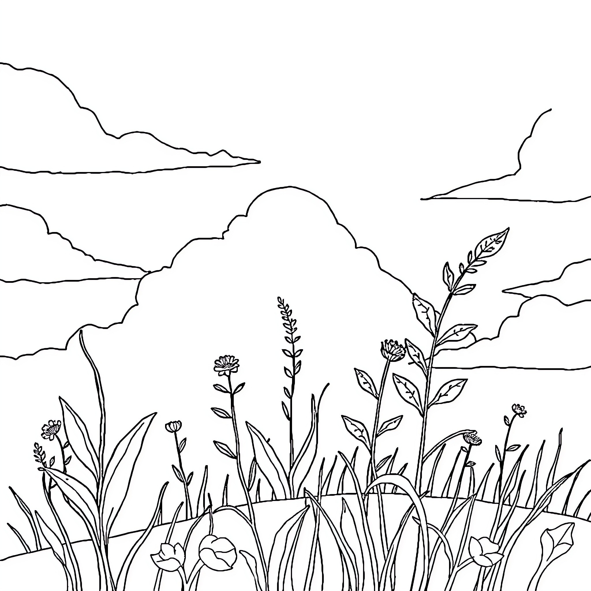 Plant life in the meadow Coloring Page (free black-and-white line drawing printable PDF for all, from beginners to advanced learners, including children, teens, adults, and seniors)