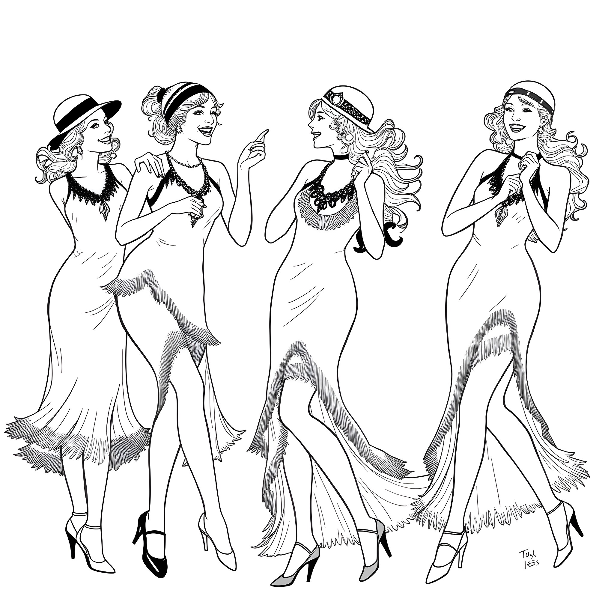 Women in Elegant Evening Gowns and Dresses Coloring Page (free black-and-white line drawing printable PDF for all, from beginners to advanced learners, including children, teens, adults, and seniors)