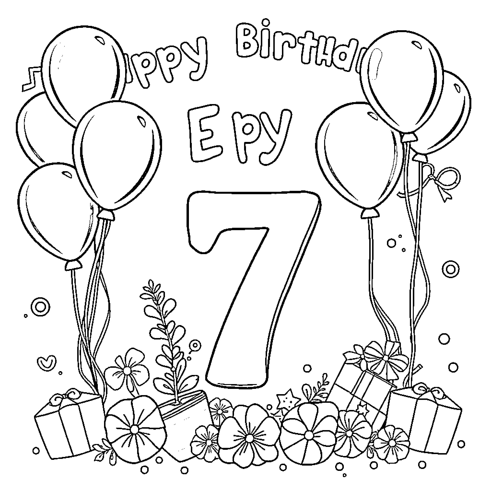Birthday Celebration with Balloons and Gifts Coloring Page (free black-and-white line drawing printable PDF for all, from beginners to advanced learners, including children, teens, adults, and seniors)