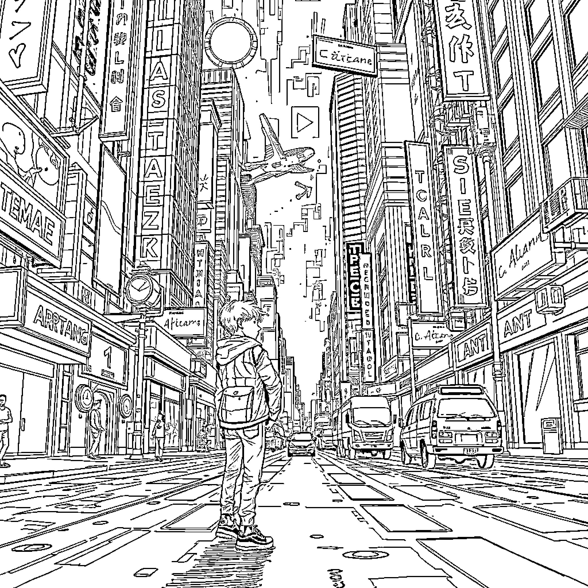 Boy exploring the bustling city streets Coloring Page (free black-and-white line drawing printable PDF for all, from beginners to advanced learners, including children, teens, adults, and seniors)