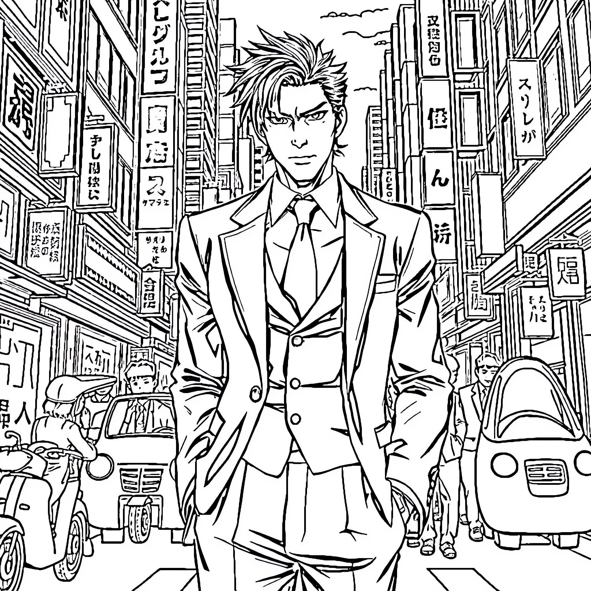 Kiryu Kazuma in a bustling urban scene Coloring Page (free black-and-white line drawing printable PDF for all, from beginners to advanced learners, including children, teens, adults, and seniors)
