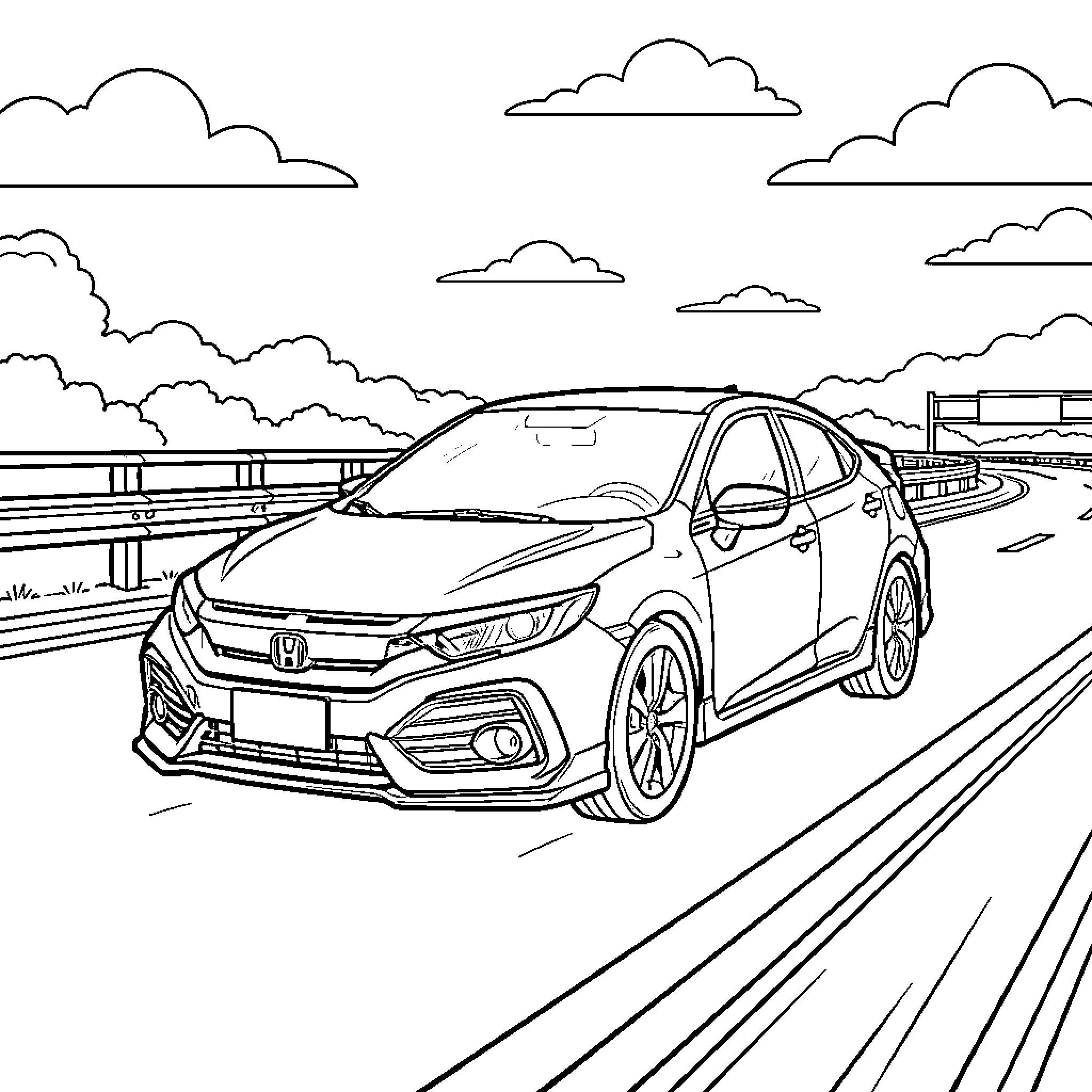 Civic driving along a scenic winding road Coloring Page (free black-and-white line drawing printable PDF for all, from beginners to advanced learners, including children, teens, adults, and seniors)