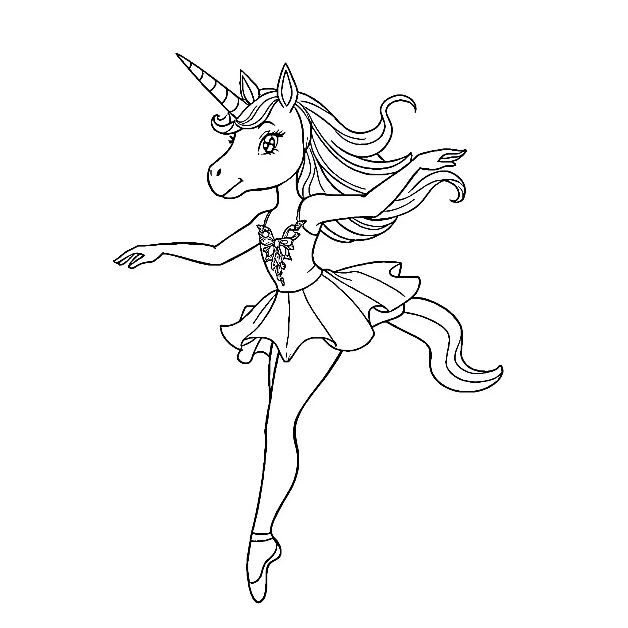 Ballerina unicorn dancing gracefully Coloring Page (free black-and-white line drawing printable PDF for all, from beginners to advanced learners, including children, teens, adults, and seniors)