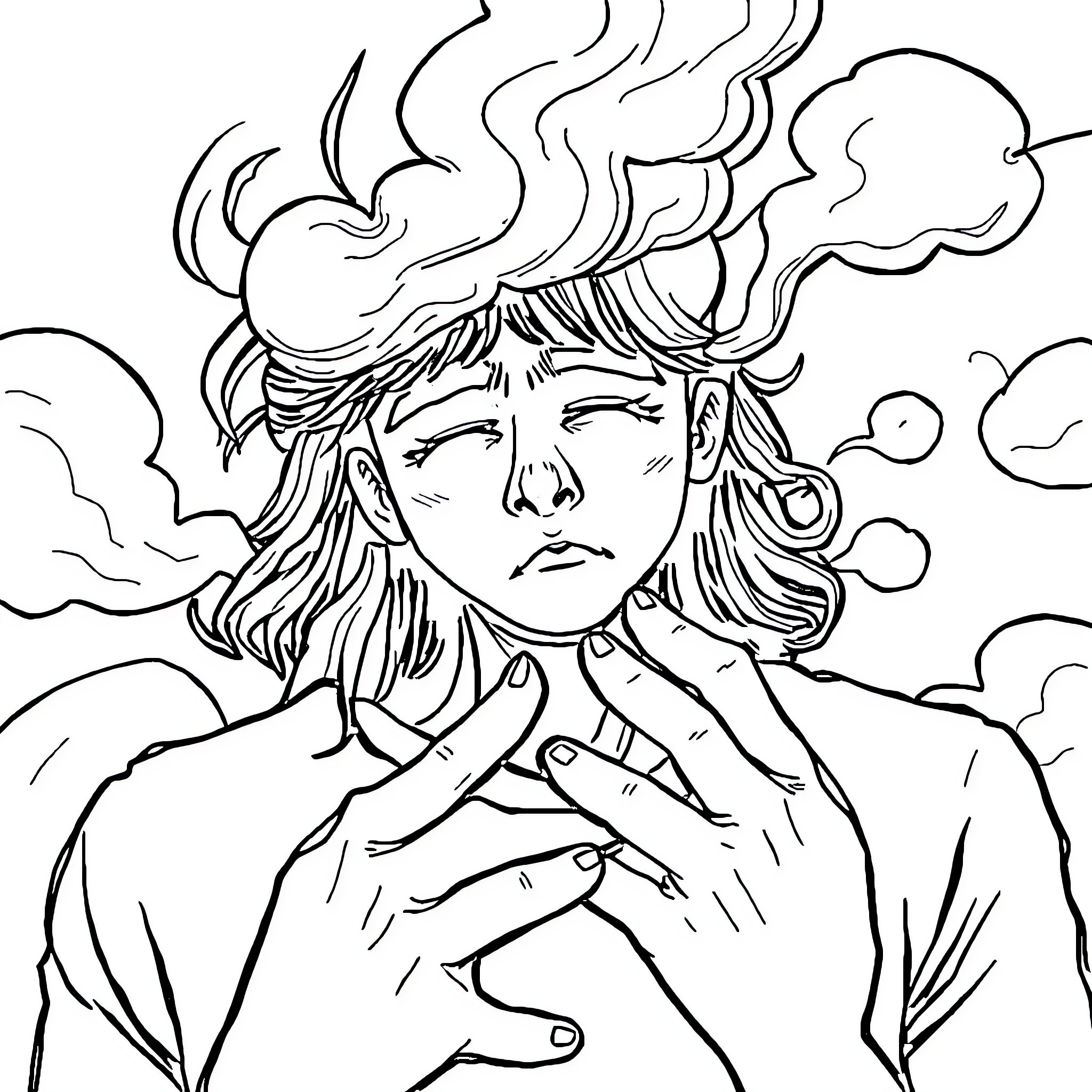 Anxiety over Worrisome Thoughts Coloring Page (free black-and-white line drawing printable PDF for all, from beginners to advanced learners, including children, teens, adults, and seniors)