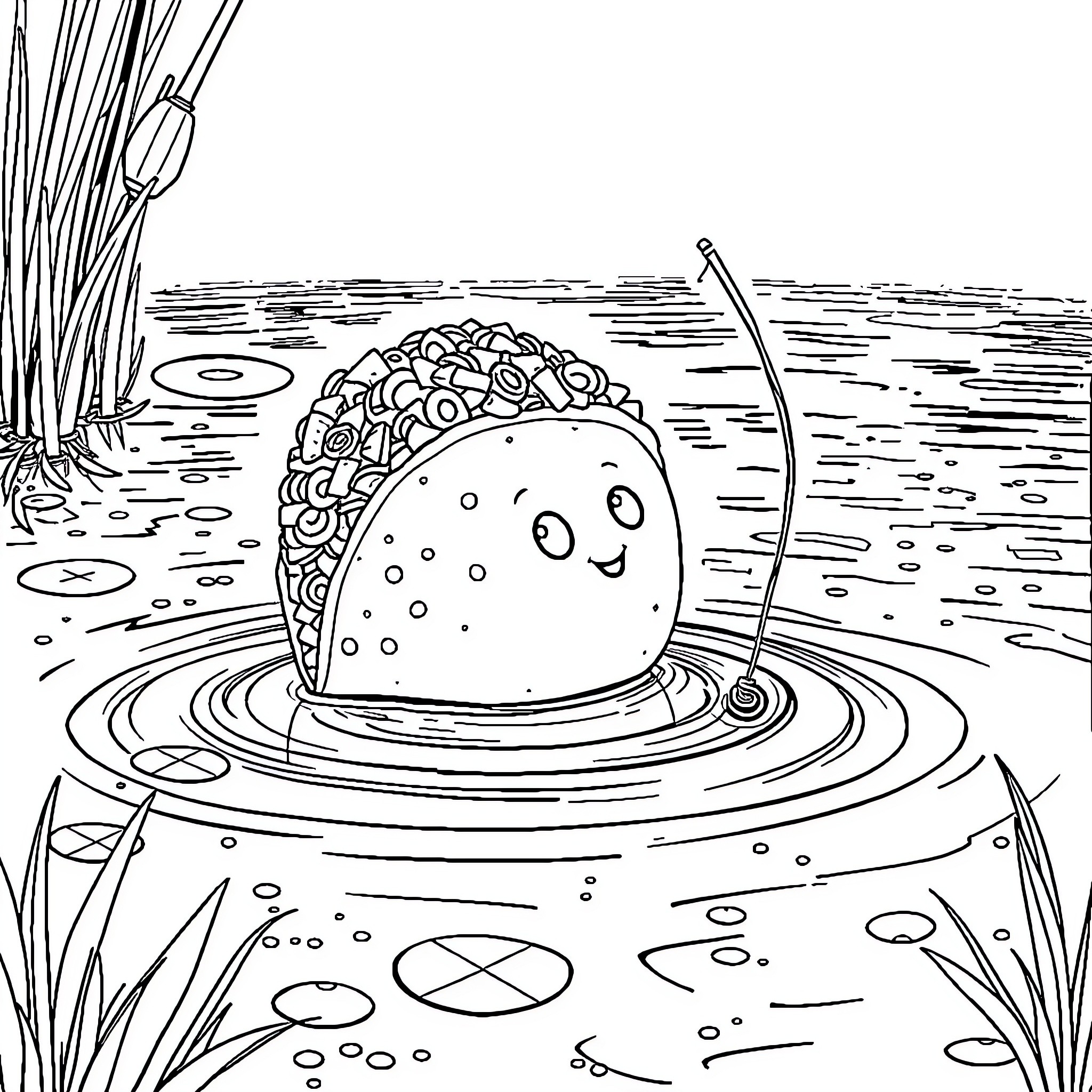 Taco floating happily in the lake Coloring Page (free black-and-white line drawing printable PDF for all, from beginners to advanced learners, including children, teens, adults, and seniors)