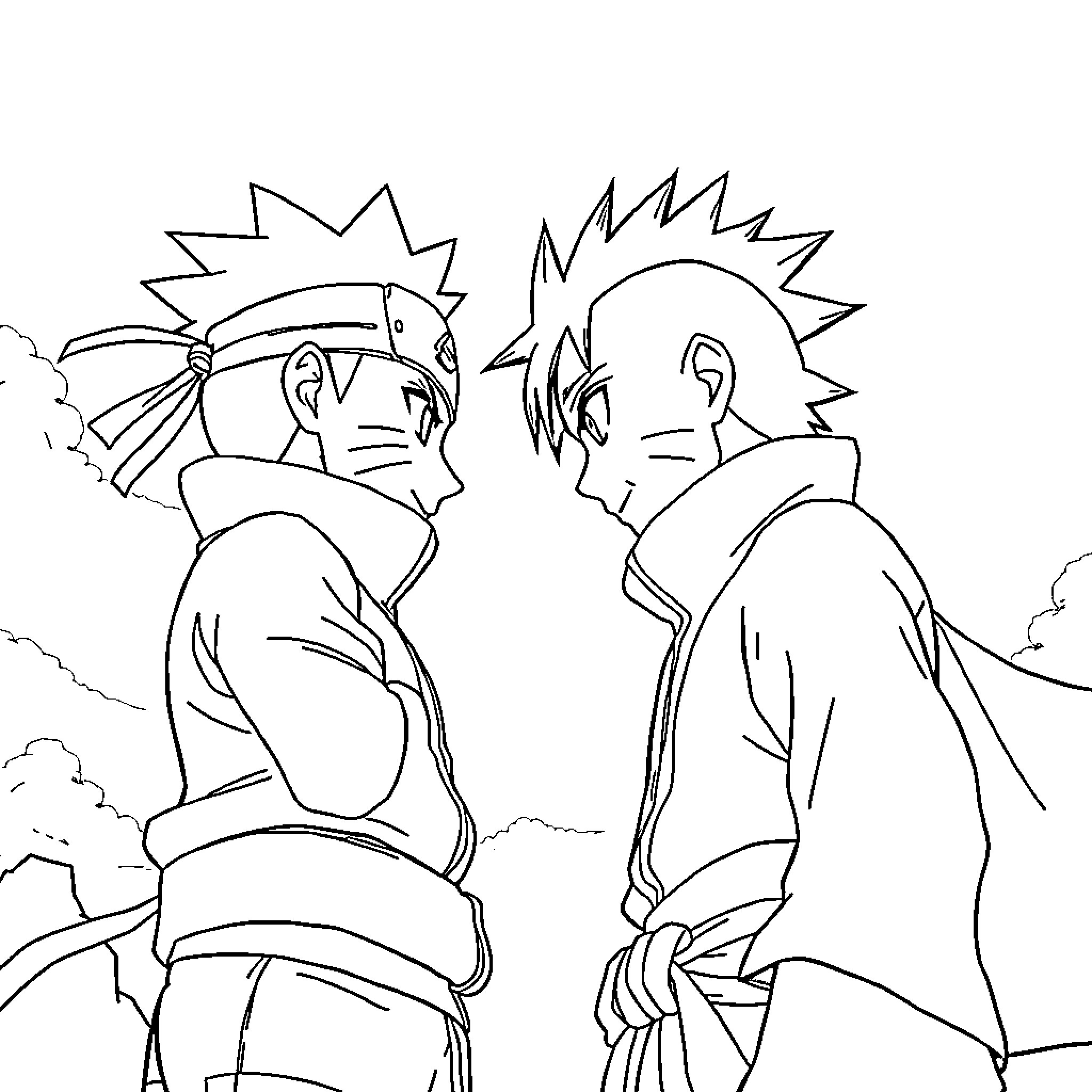 Naruto rivals engaging in intense exchange Coloring Page (free black-and-white line drawing printable PDF for all, from beginners to advanced learners, including children, teens, adults, and seniors)