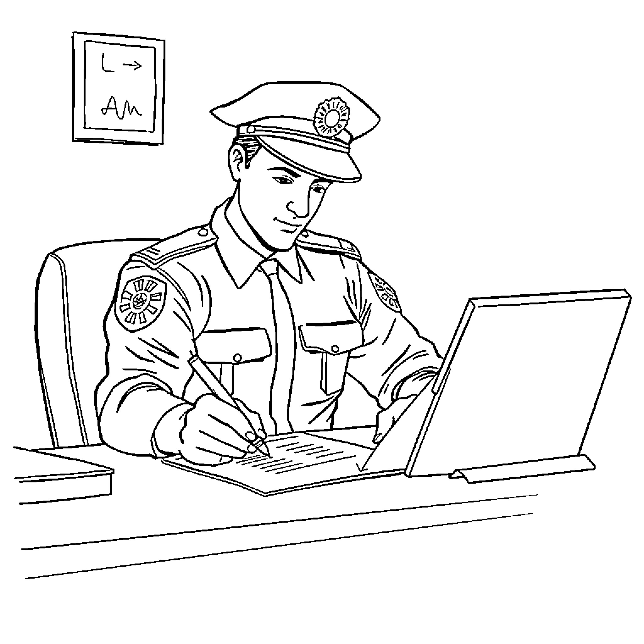 Police Officer Filling Out Paperwork at Desk Coloring Page (free black-and-white line drawing printable PDF for all, from beginners to advanced learners, including children, teens, adults, and seniors)