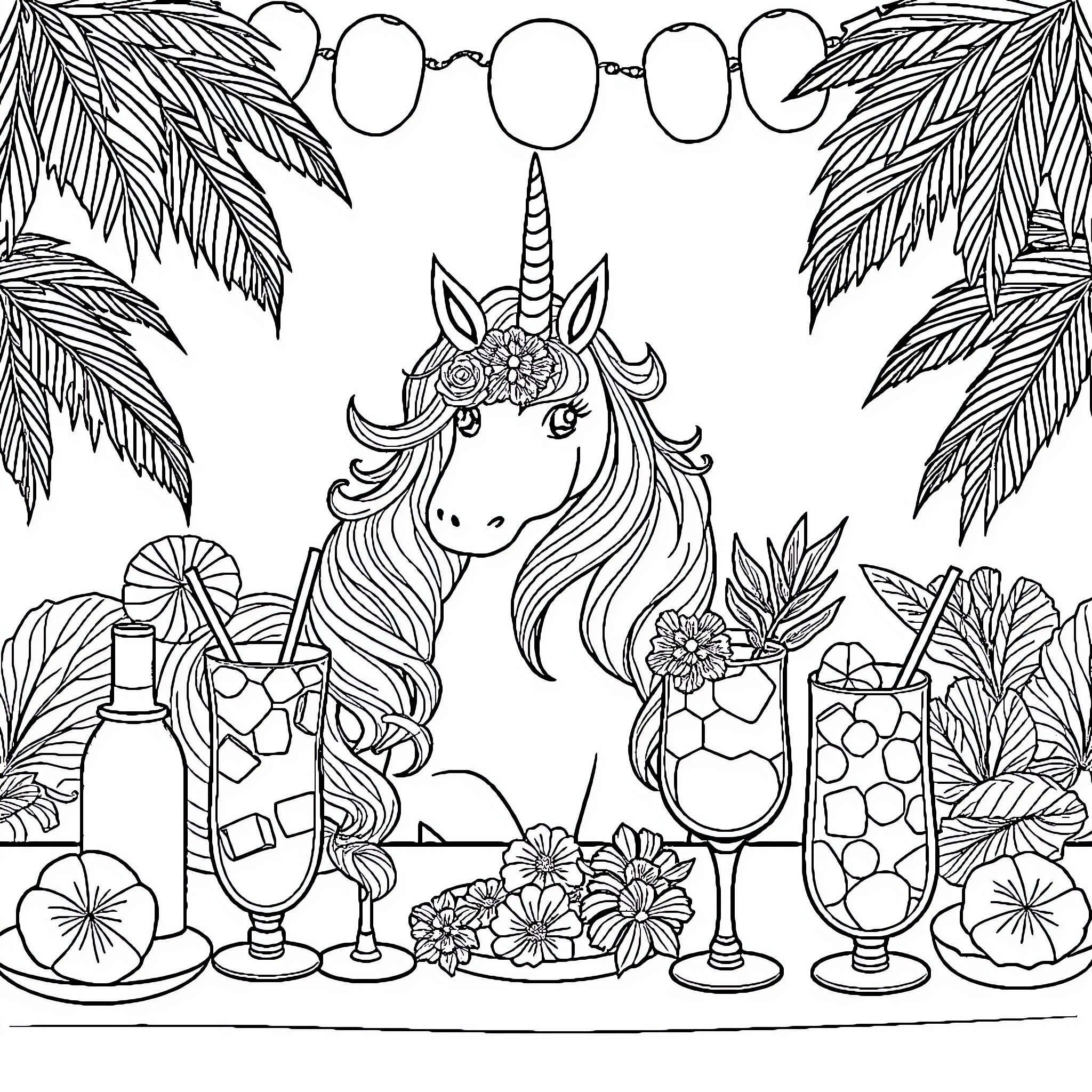Unicorn enjoying tropical cocktails in paradise Coloring Page (free black-and-white line drawing printable PDF for all, from beginners to advanced learners, including children, teens, adults, and seniors)