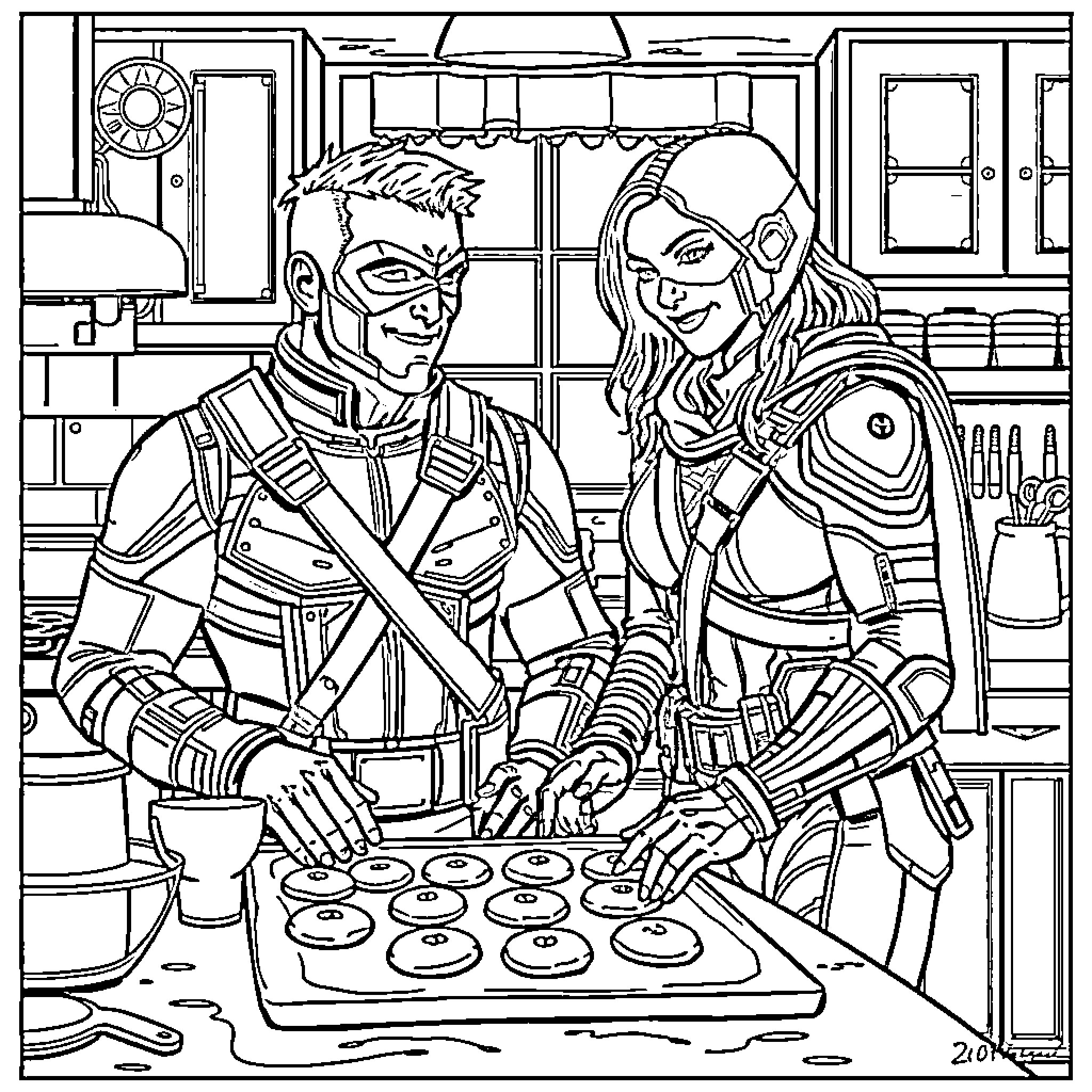 Winter Soldier Baking Treats with Sidekick Coloring Page (free black-and-white line drawing printable PDF for all, from beginners to advanced learners, including children, teens, adults, and seniors)