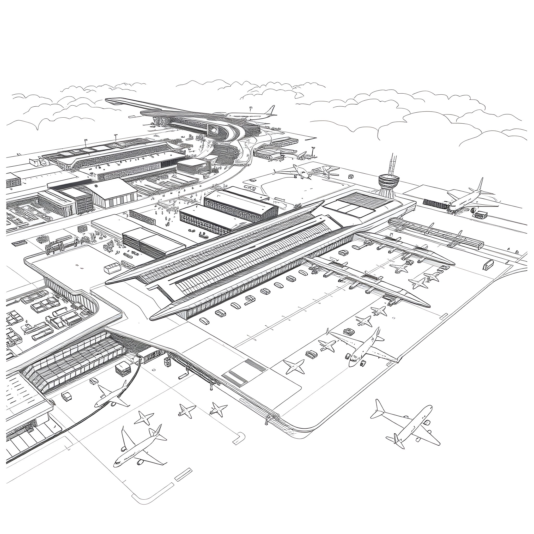 Airport with busy activity and aircraft in the sky Coloring Page (free black-and-white line drawing printable PDF for all, from beginners to advanced learners, including children, teens, adults, and seniors)