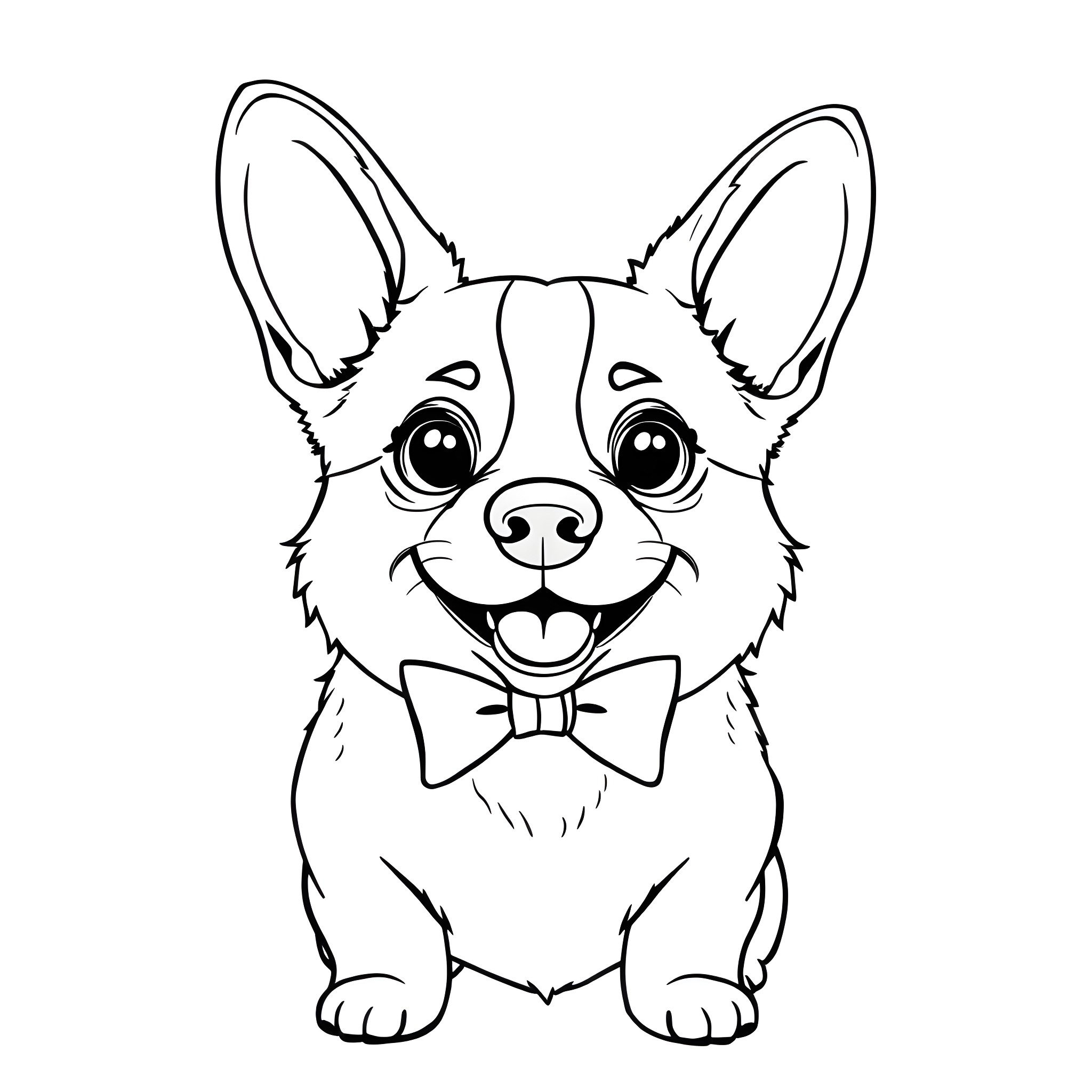 Corgi puppy wearing a bow tie Coloring Page (free black-and-white line drawing printable PDF for all, from beginners to advanced learners, including children, teens, adults, and seniors)
