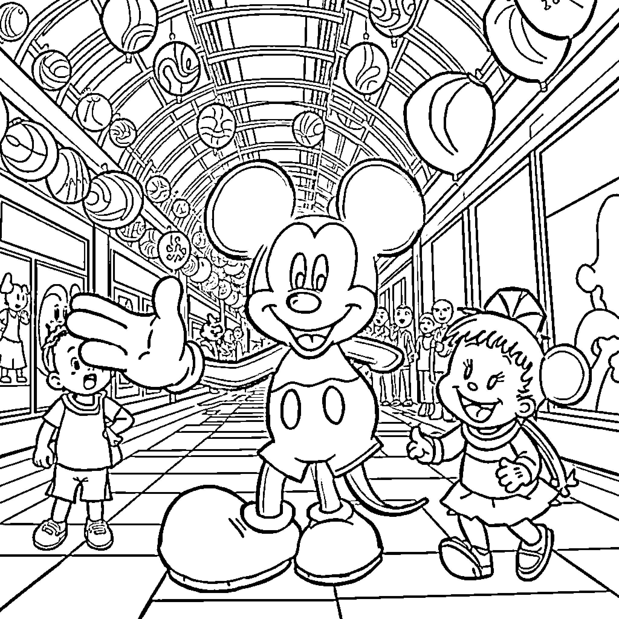 Mickey Mouse with friends on a whimsical adventure Coloring Page (free black-and-white line drawing printable PDF for all, from beginners to advanced learners, including children, teens, adults, and seniors)