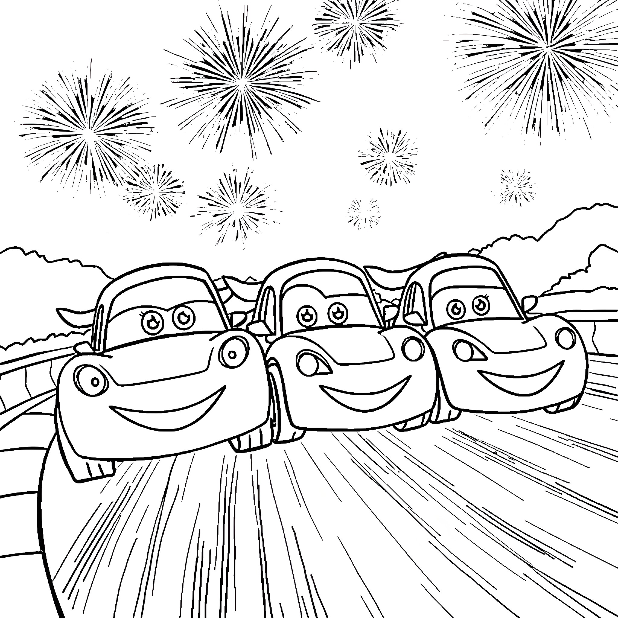 Car trio enjoying fireworks display Coloring Page (free black-and-white line drawing printable PDF for all, from beginners to advanced learners, including children, teens, adults, and seniors)