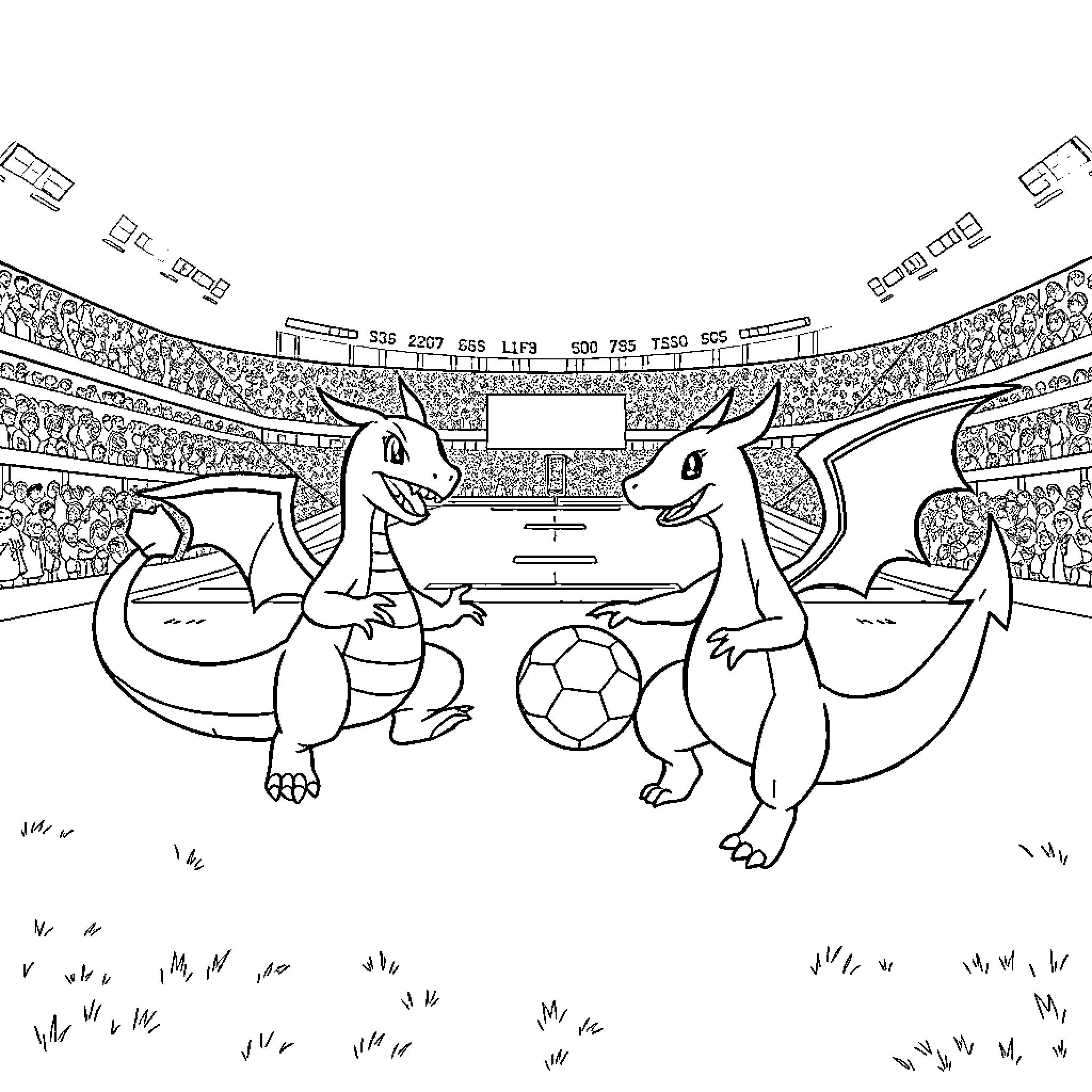 Dragon Creatures Playing Soccer in Stadium Coloring Page (free black-and-white line drawing printable PDF for all, from beginners to advanced learners, including children, teens, adults, and seniors)