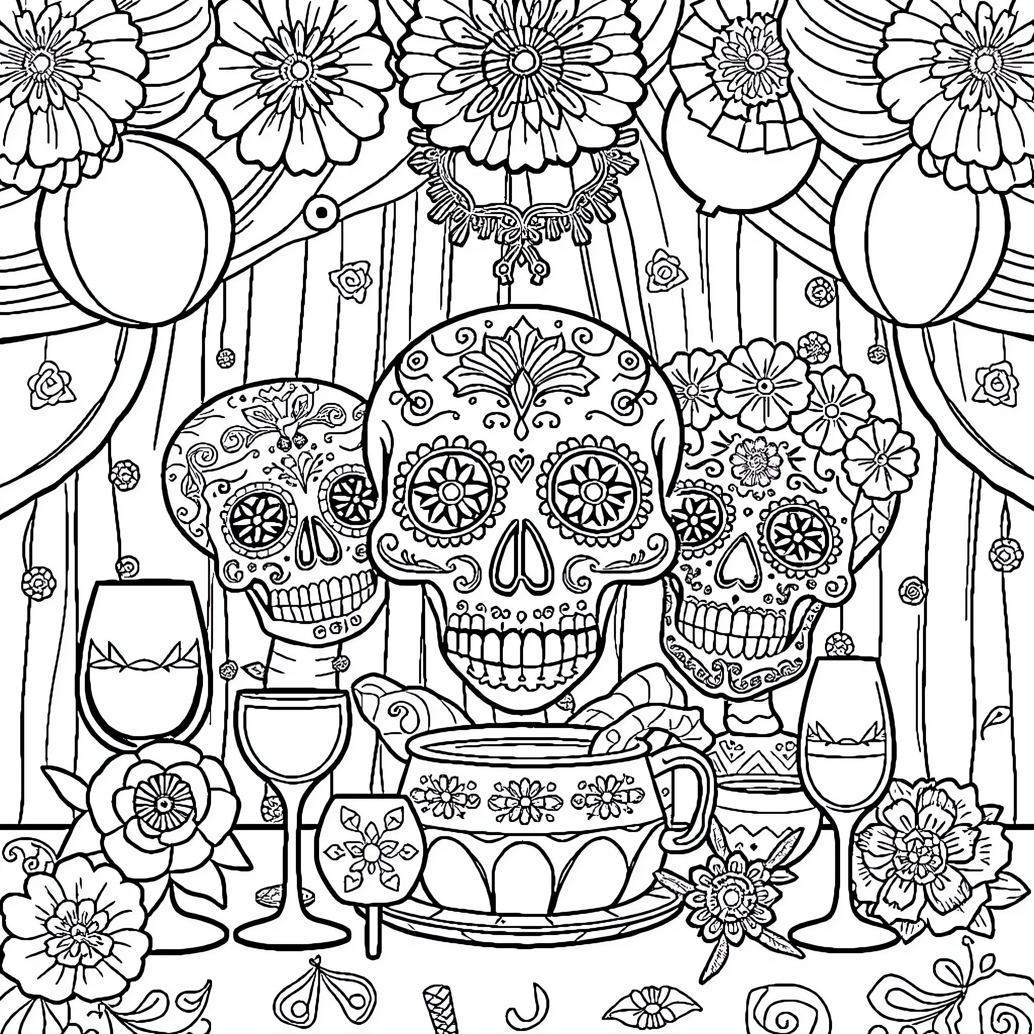 Sugar Skull Celebration with Floral Decorations Coloring Page (free black-and-white line drawing printable PDF for all, from beginners to advanced learners, including children, teens, adults, and seniors)