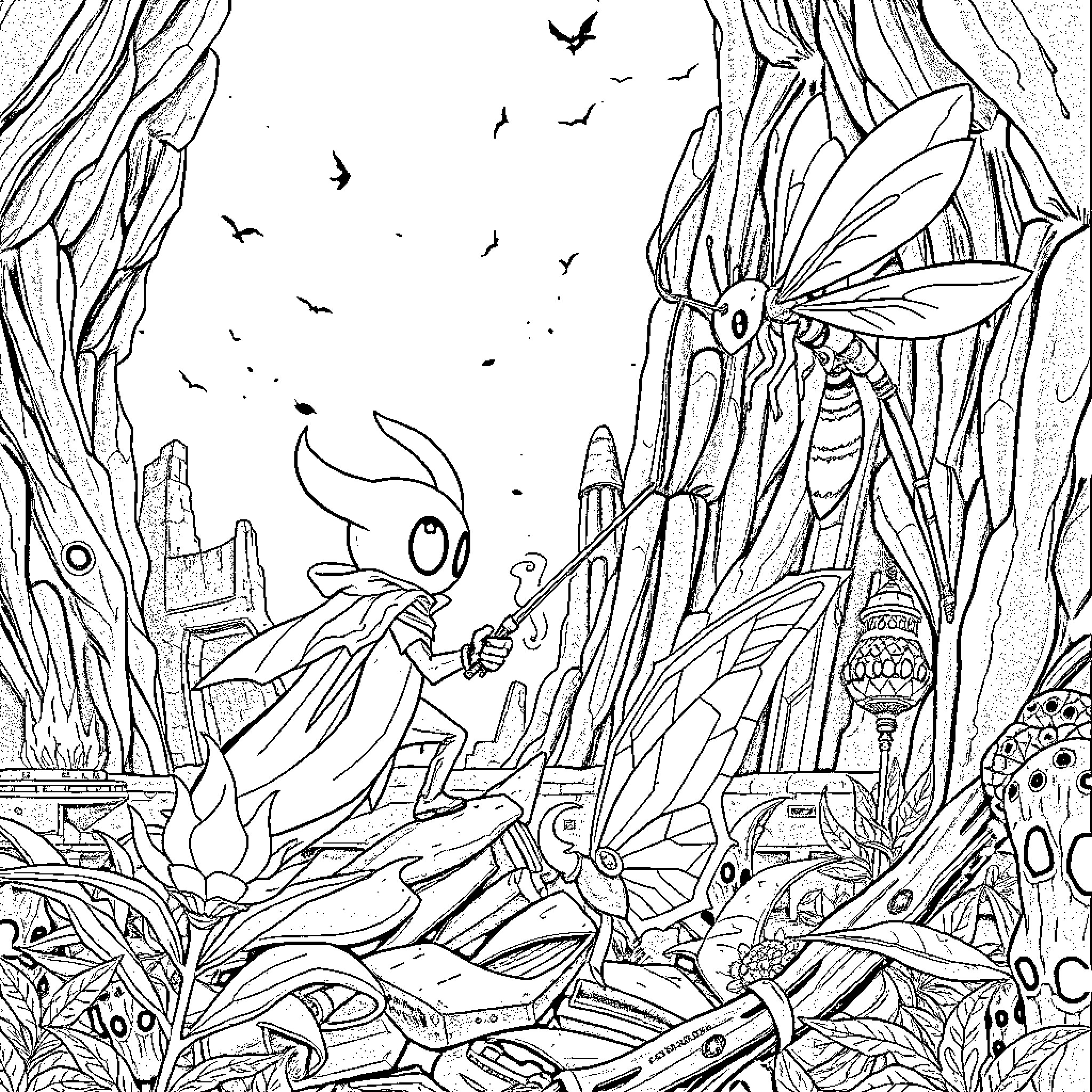 Hollow Knight exploring the mysterious caverns Coloring Page (free black-and-white line drawing printable PDF for all, from beginners to advanced learners, including children, teens, adults, and seniors)