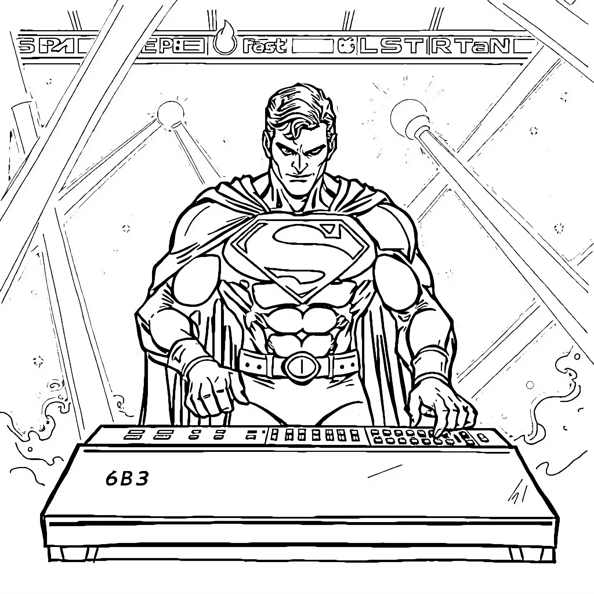Superman heroic stance in futuristic control room Coloring Page (free black-and-white line drawing printable PDF for all, from beginners to advanced learners, including children, teens, adults, and seniors)