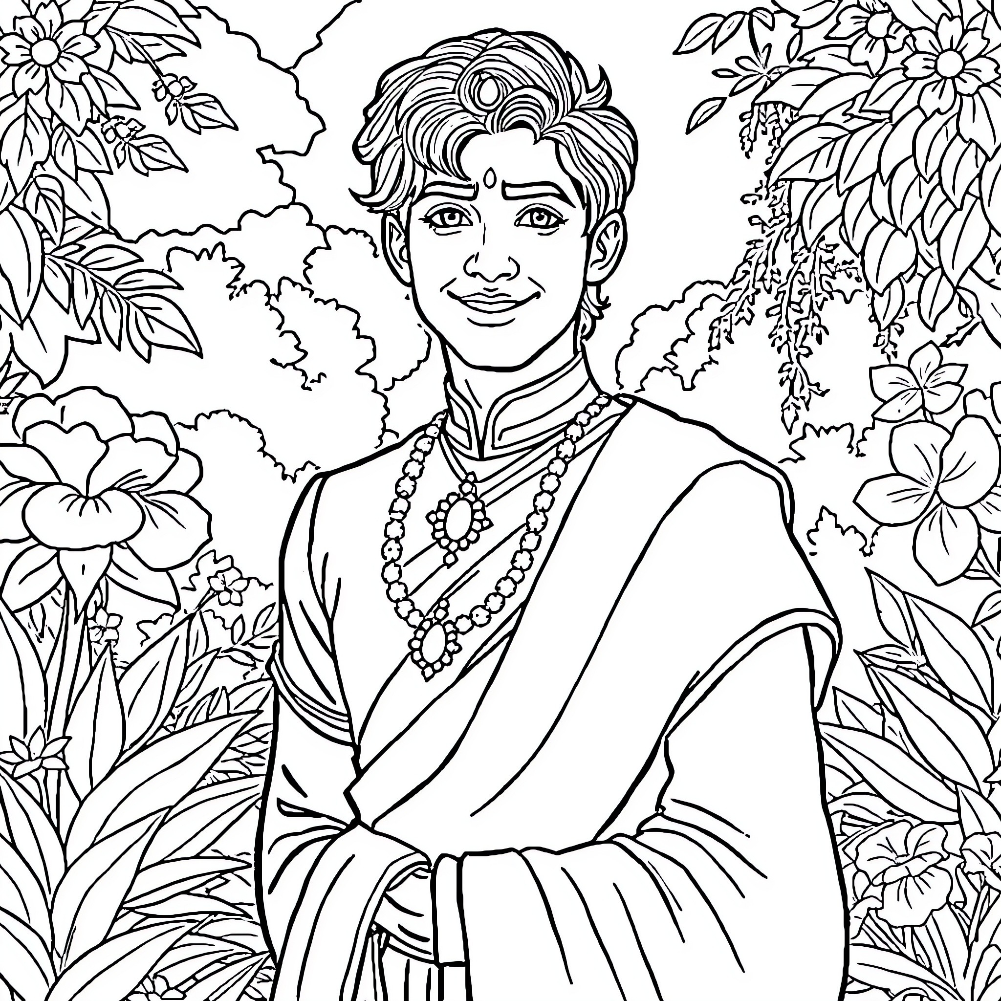 Prince Siddhartha in a serene floral landscape Coloring Page (free black-and-white line drawing printable PDF for all, from beginners to advanced learners, including children, teens, adults, and seniors)