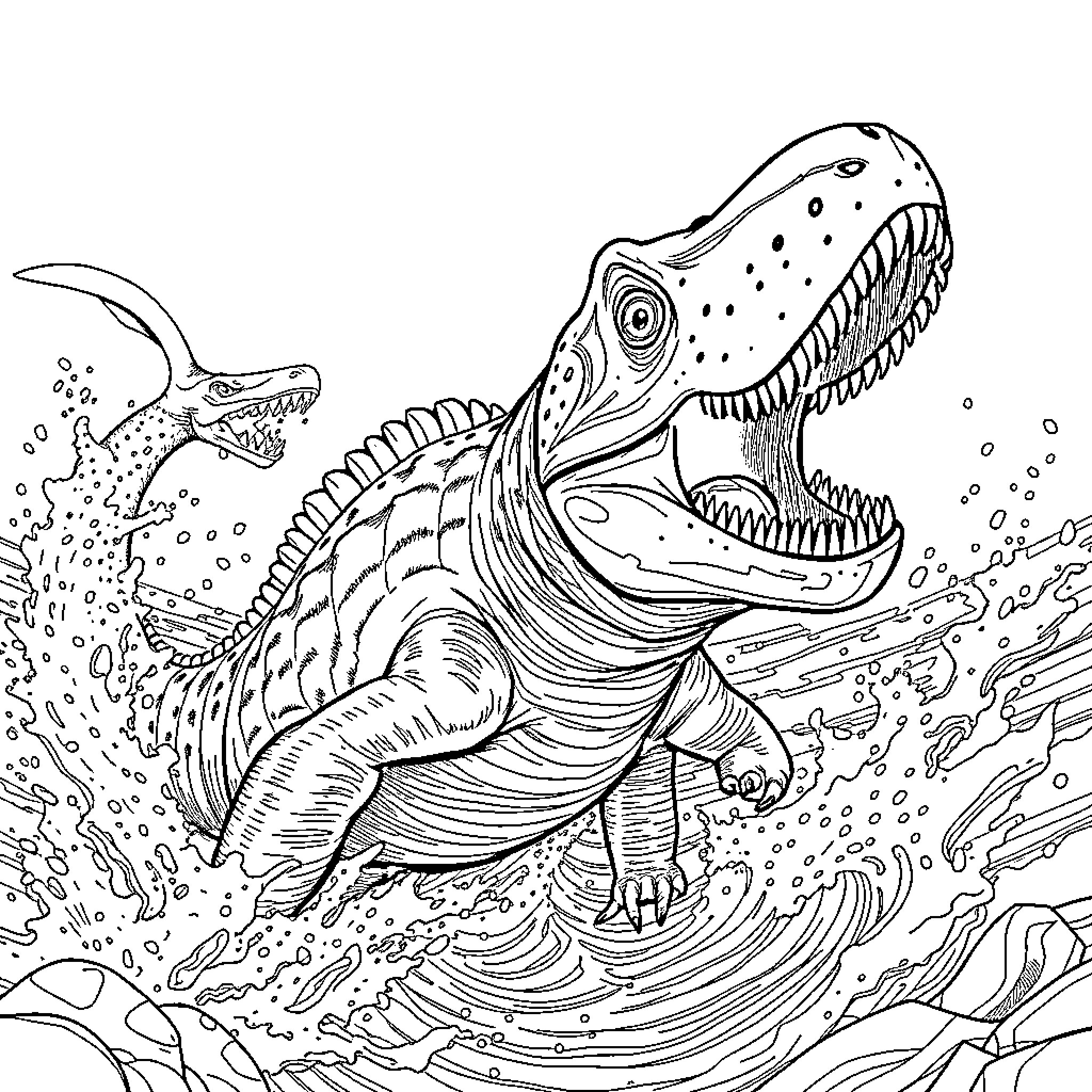 Mosasaurus hunting its prey in the ocean Coloring Page (free black-and-white line drawing printable PDF for all, from beginners to advanced learners, including children, teens, adults, and seniors)