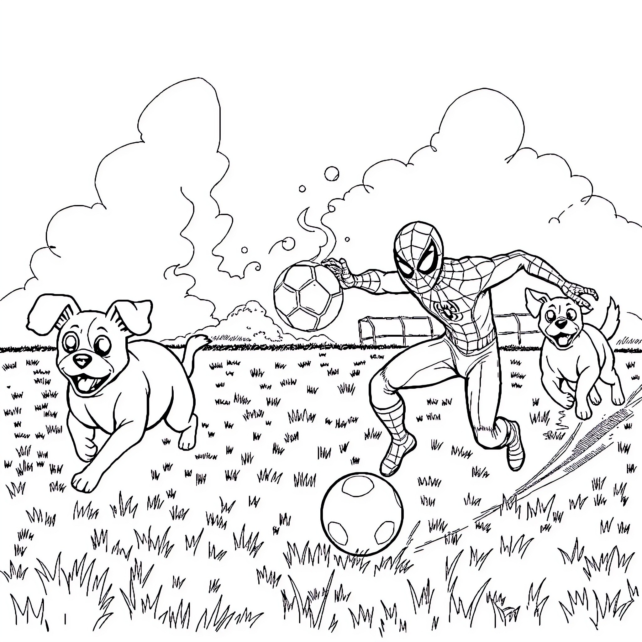 Spiderman playing soccer with puppies in the park Coloring Page (free black-and-white line drawing printable PDF for all, from beginners to advanced learners, including children, teens, adults, and seniors)