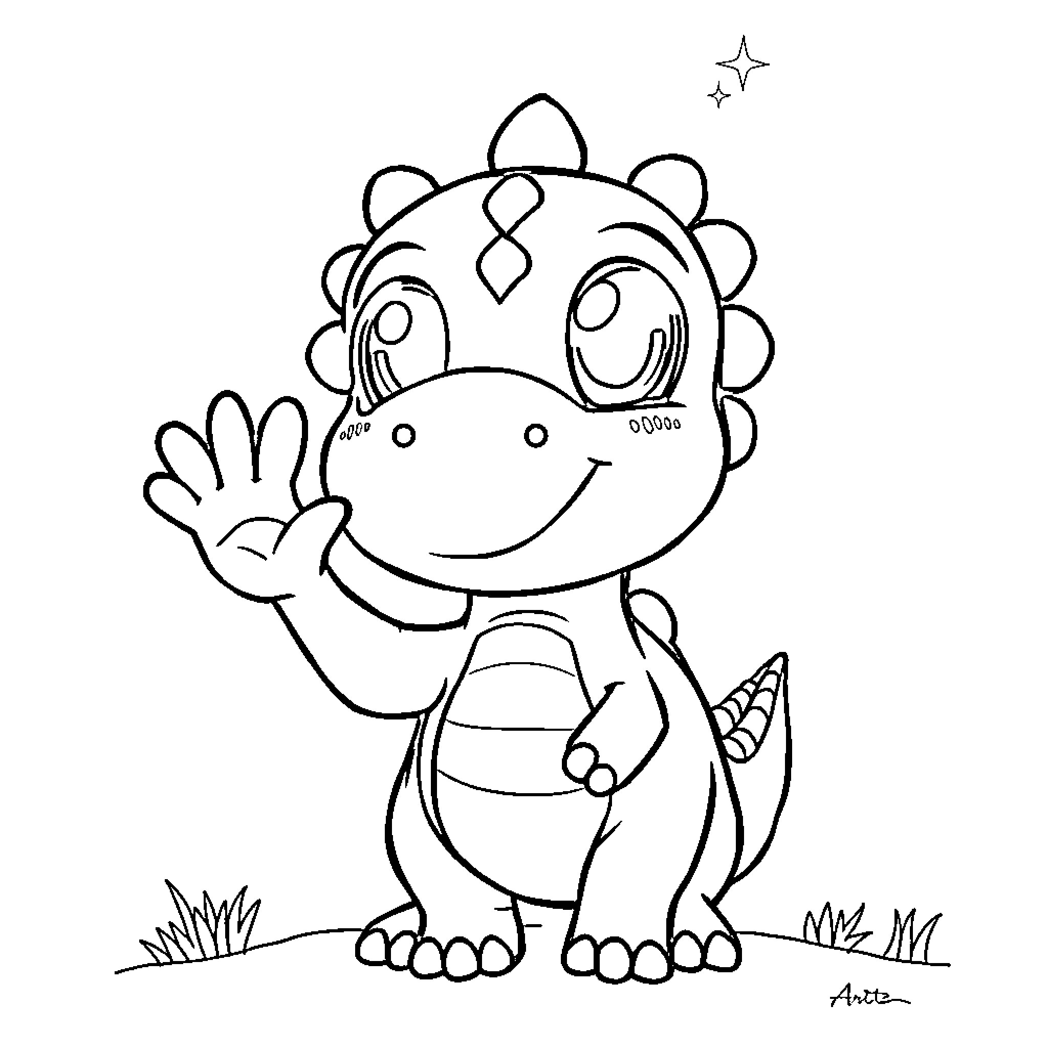 Dinosaur waving and smiling happily Coloring Page (free black-and-white line drawing printable PDF for all, from beginners to advanced learners, including children, teens, adults, and seniors)