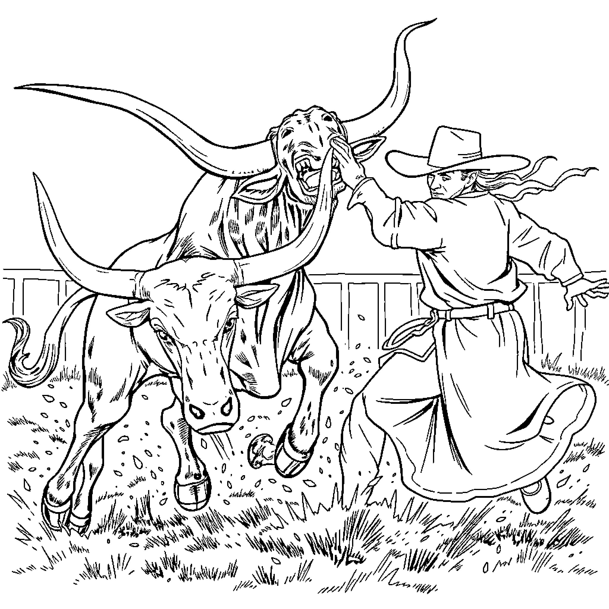 Texas Longhorn being herded by a cowboy Coloring Page (free black-and-white line drawing printable PDF for all, from beginners to advanced learners, including children, teens, adults, and seniors)