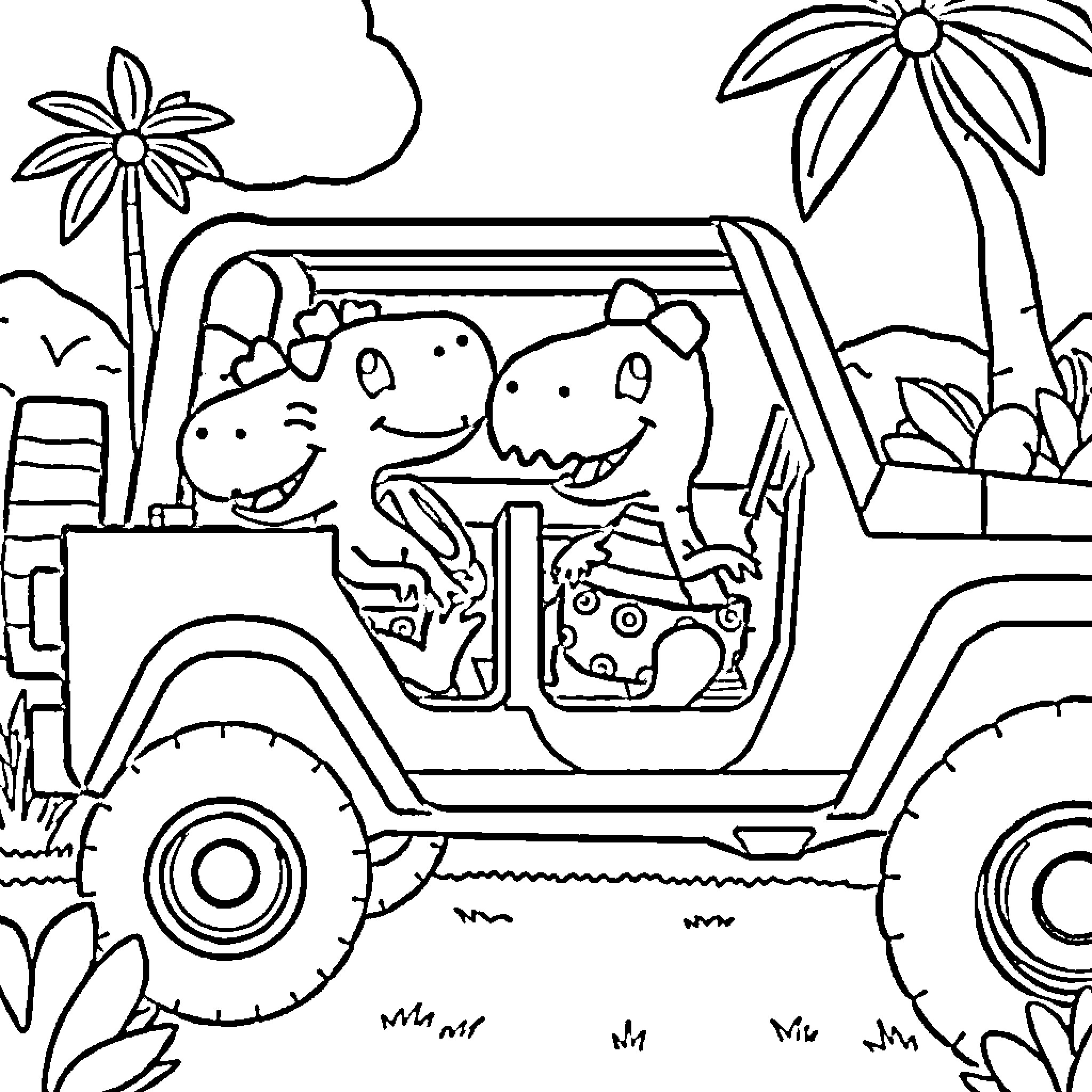 Dinosaurs Riding in a Jeep on Safari Coloring Page (free black-and-white line drawing printable PDF for all, from beginners to advanced learners, including children, teens, adults, and seniors)