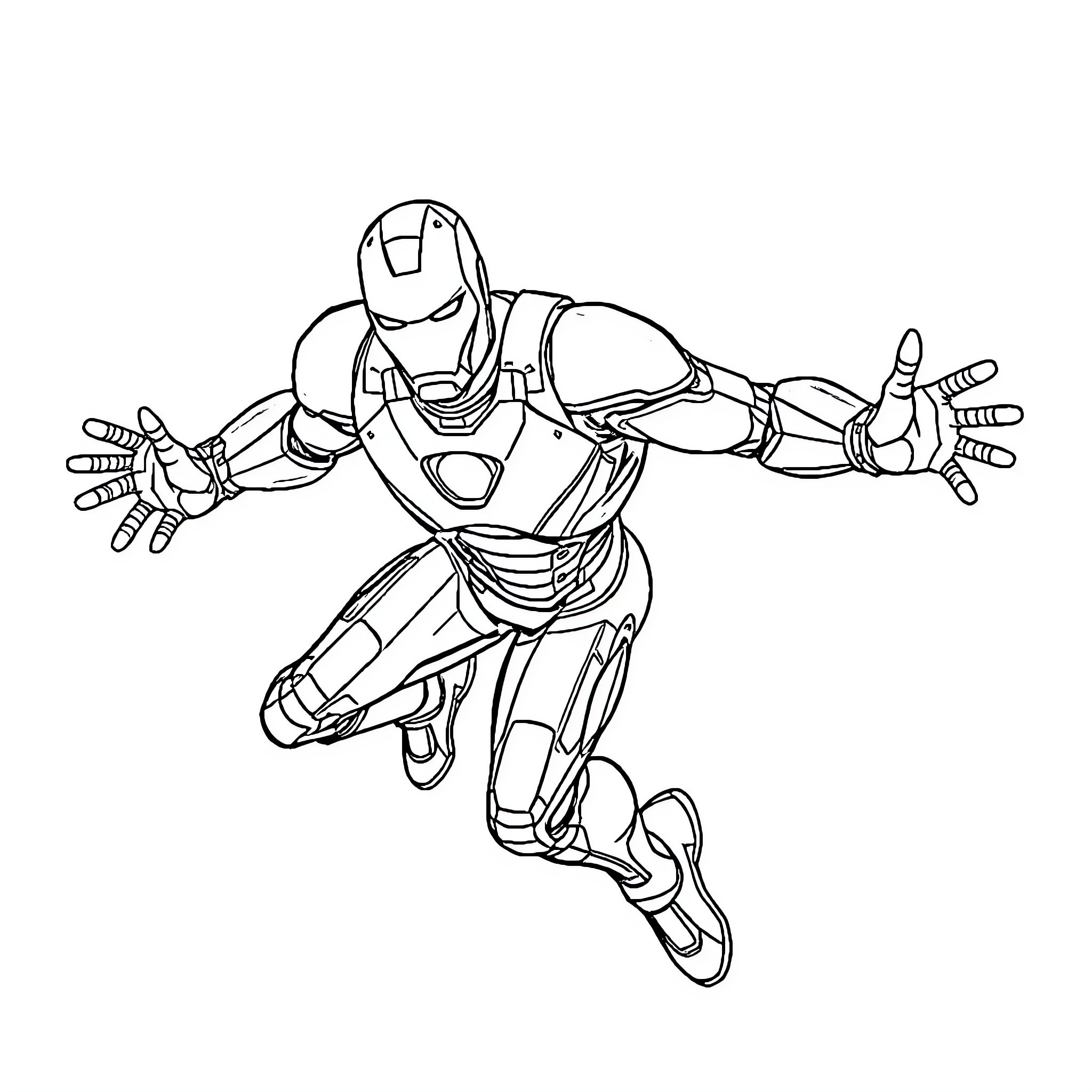 Ironman Soaring Through the Air in Action Coloring Page (free black-and-white line drawing printable PDF for all, from beginners to advanced learners, including children, teens, adults, and seniors)