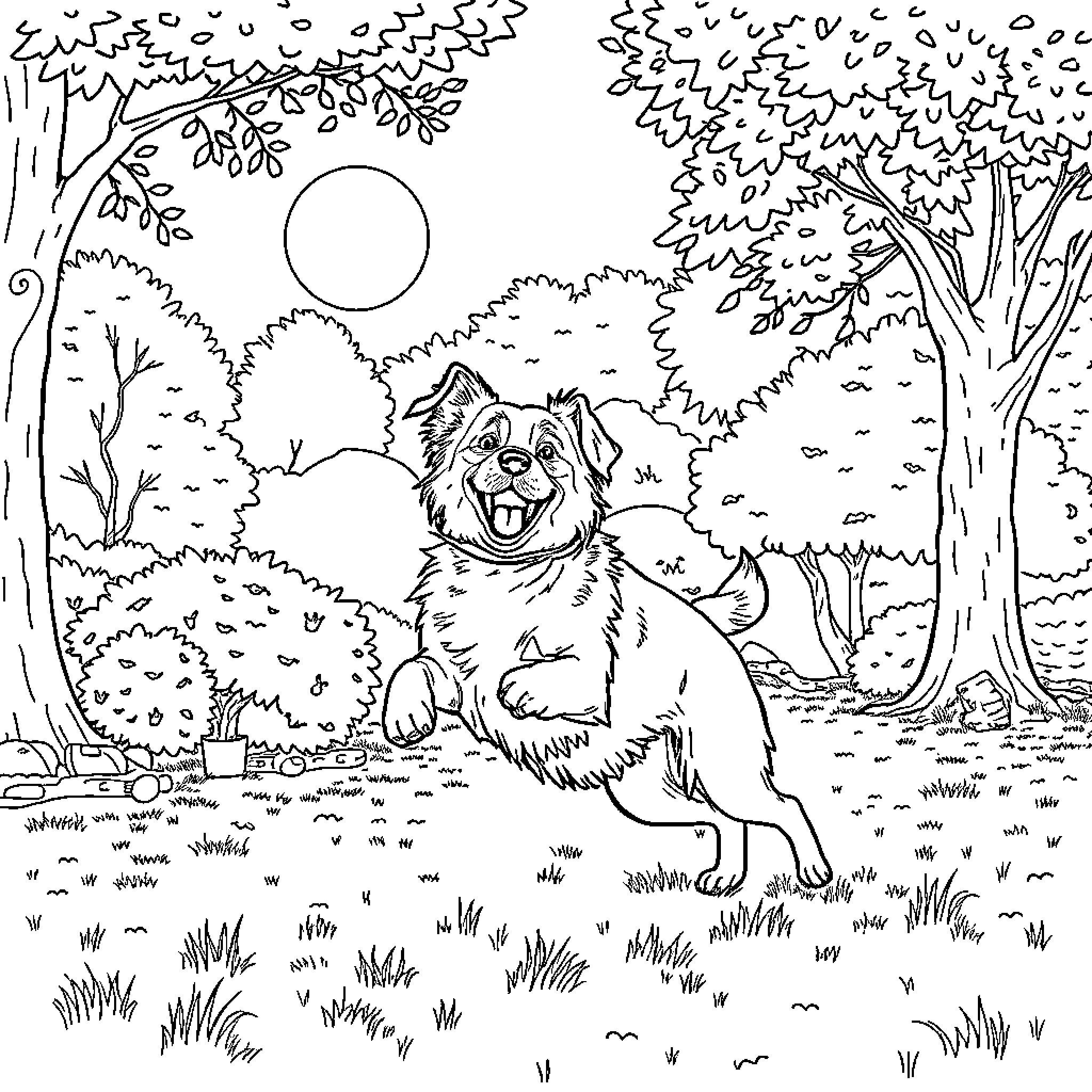 Dog enjoying the outdoors in a forest setting Coloring Page (free black-and-white line drawing printable PDF for all, from beginners to advanced learners, including children, teens, adults, and seniors)