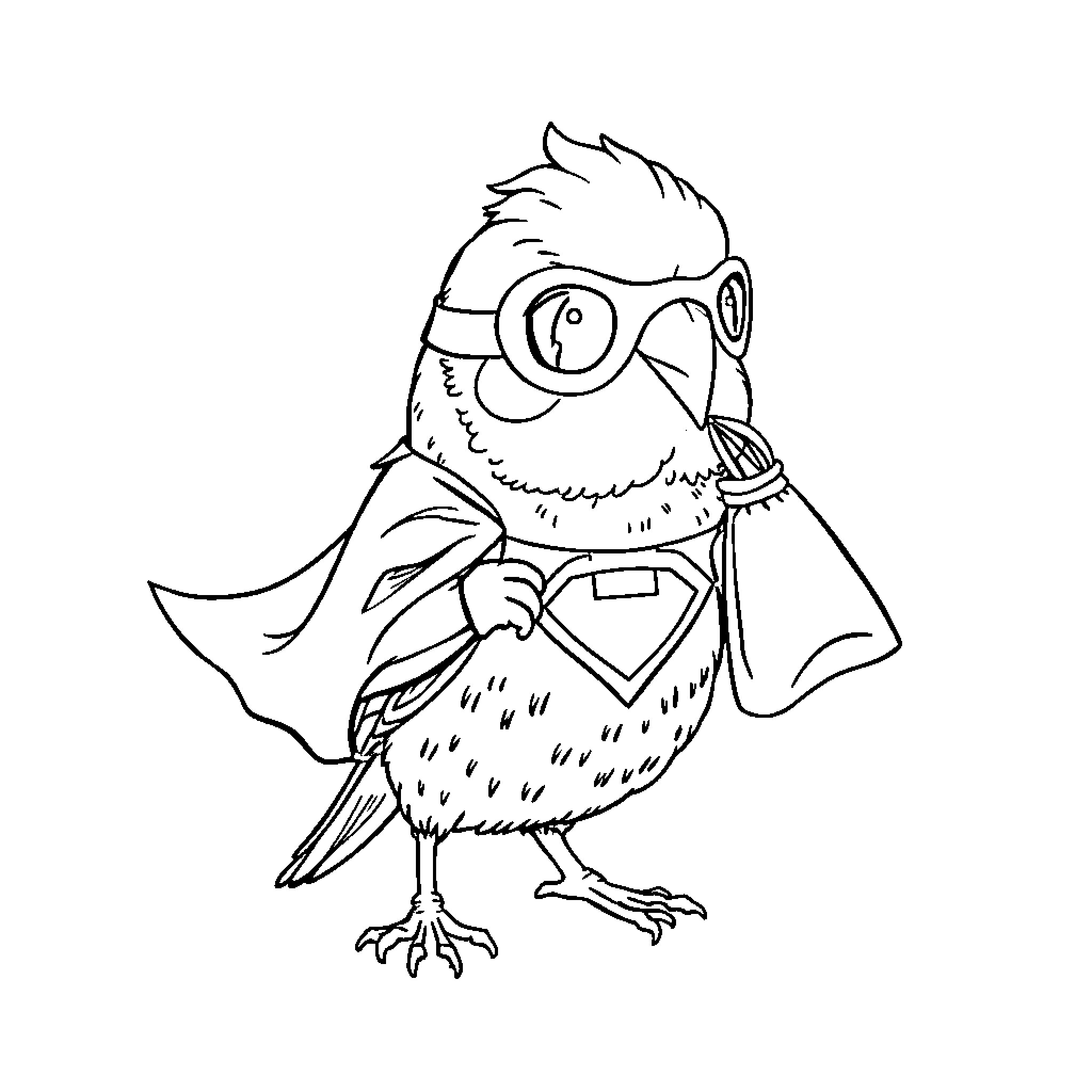 Budgie dressed as a superhero in a playful pose Coloring Page (free black-and-white line drawing printable PDF for all, from beginners to advanced learners, including children, teens, adults, and seniors)