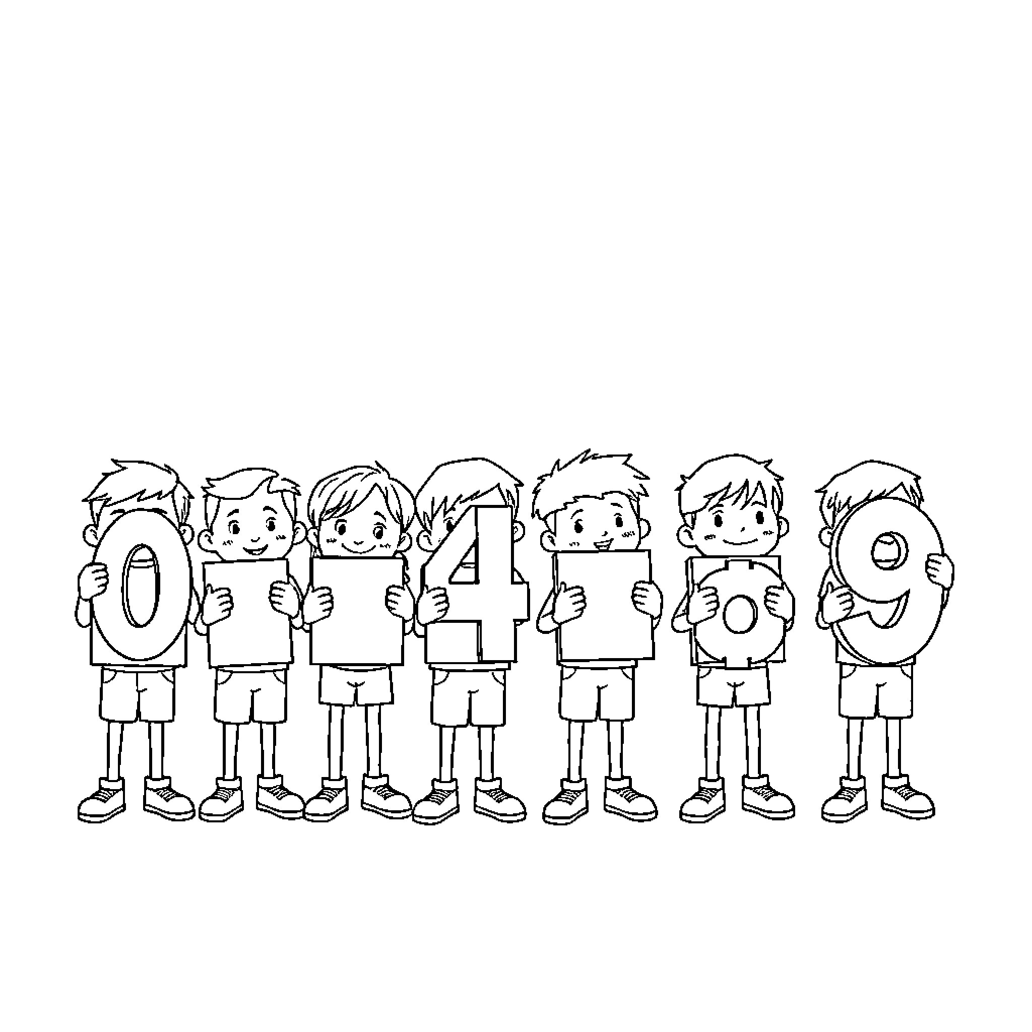 Character Group Holding Number Placards Coloring Page (free black-and-white line drawing printable PDF for all, from beginners to advanced learners, including children, teens, adults, and seniors)