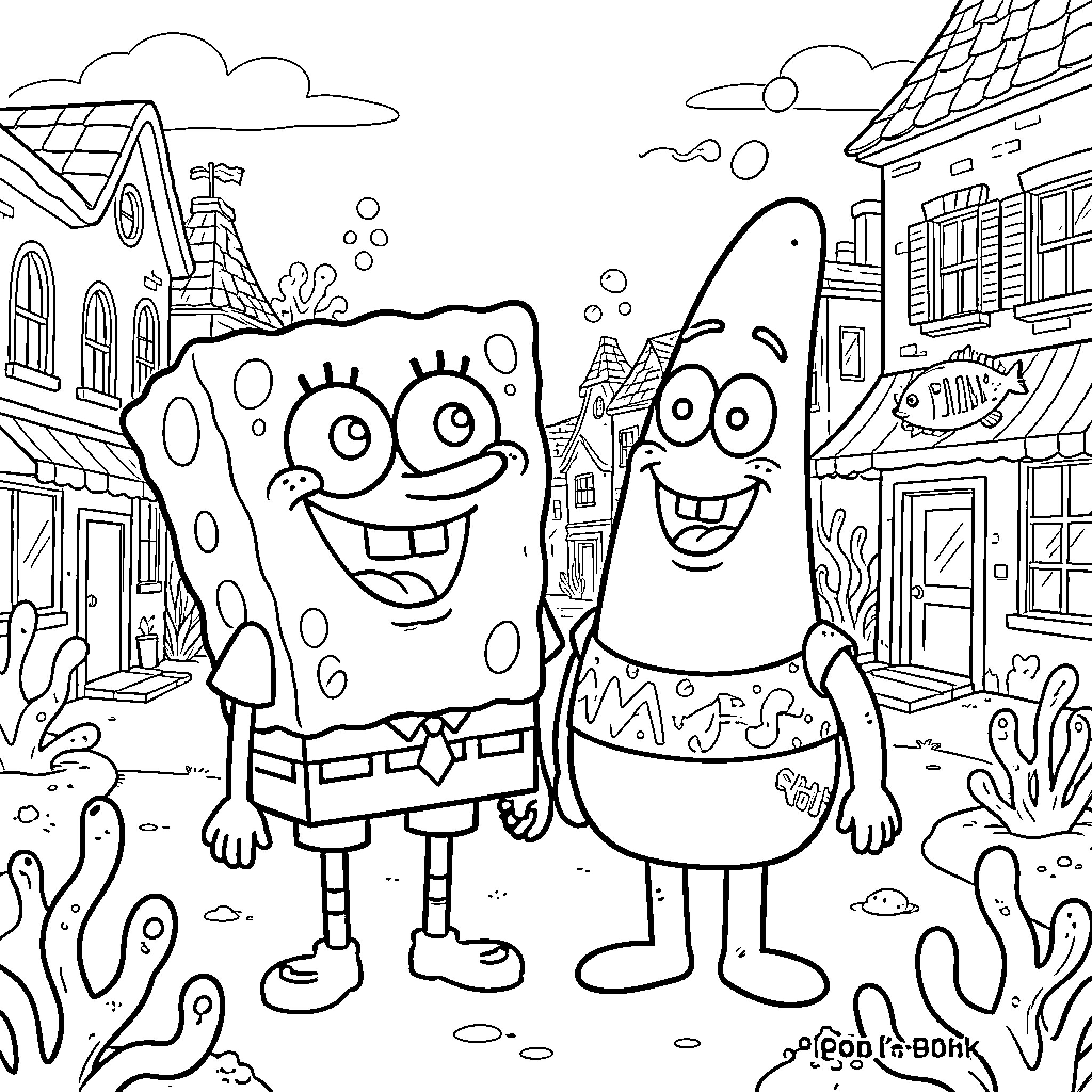 Spongebob and Patrick smiling together in Bikini Bottom Coloring Page (free black-and-white line drawing printable PDF for all, from beginners to advanced learners, including children, teens, adults, and seniors)