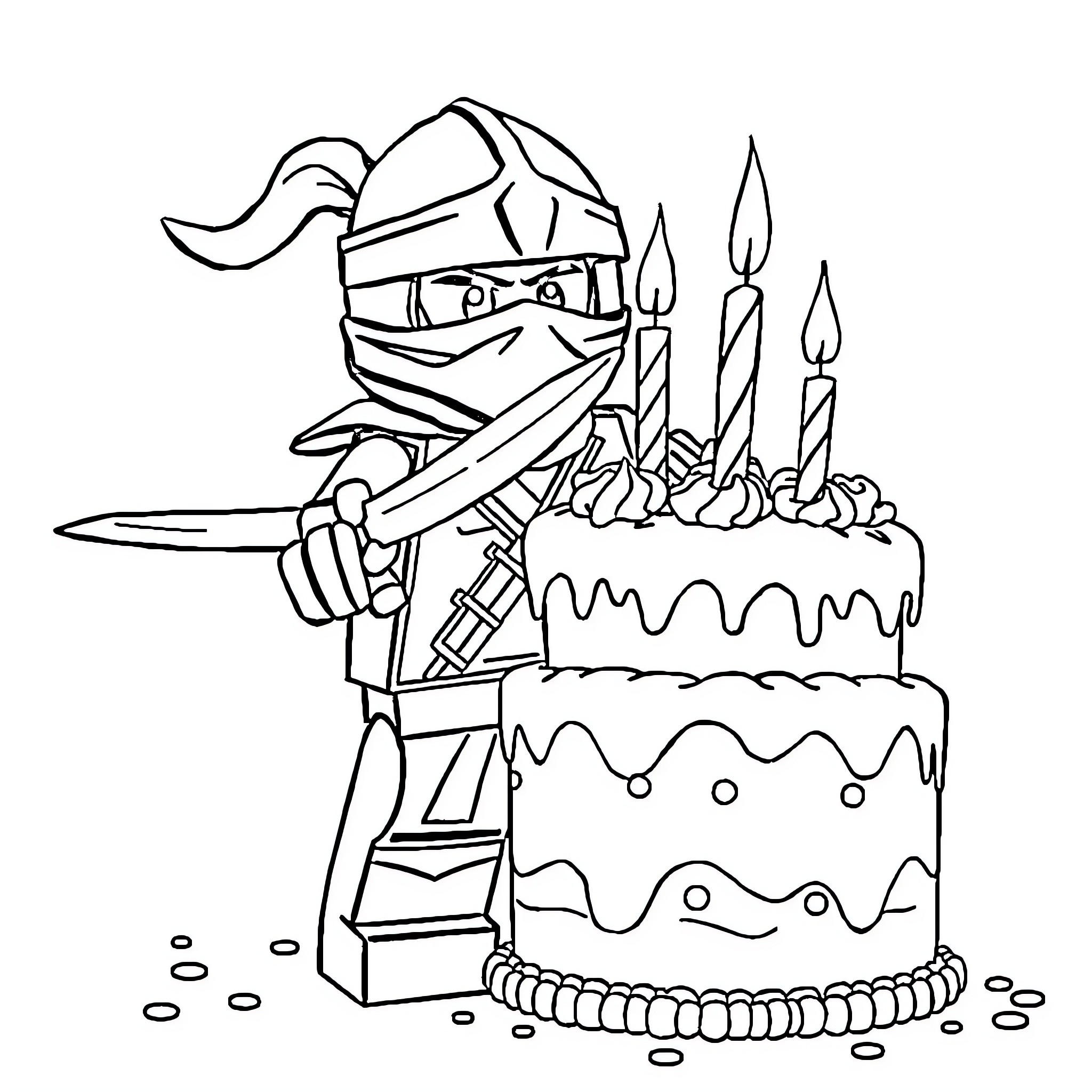 Ninjago ninja celebrates birthday with cake and candles Coloring Page (free black-and-white line drawing printable PDF for all, from beginners to advanced learners, including children, teens, adults, and seniors)