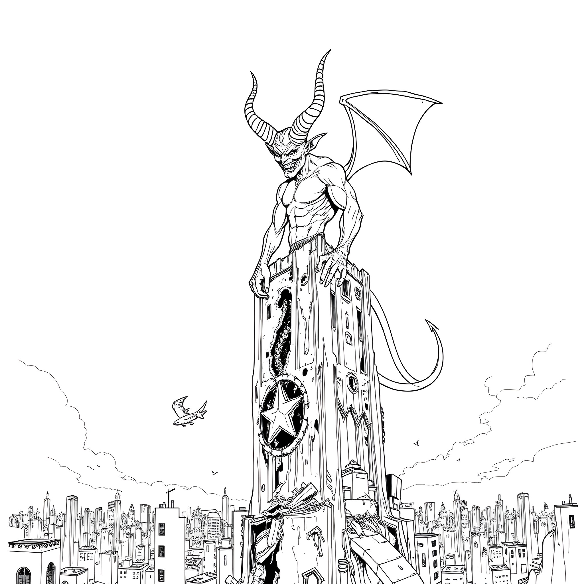 Devil Unleashes Chaos in the City Coloring Page (free black-and-white line drawing printable PDF for all, from beginners to advanced learners, including children, teens, adults, and seniors)