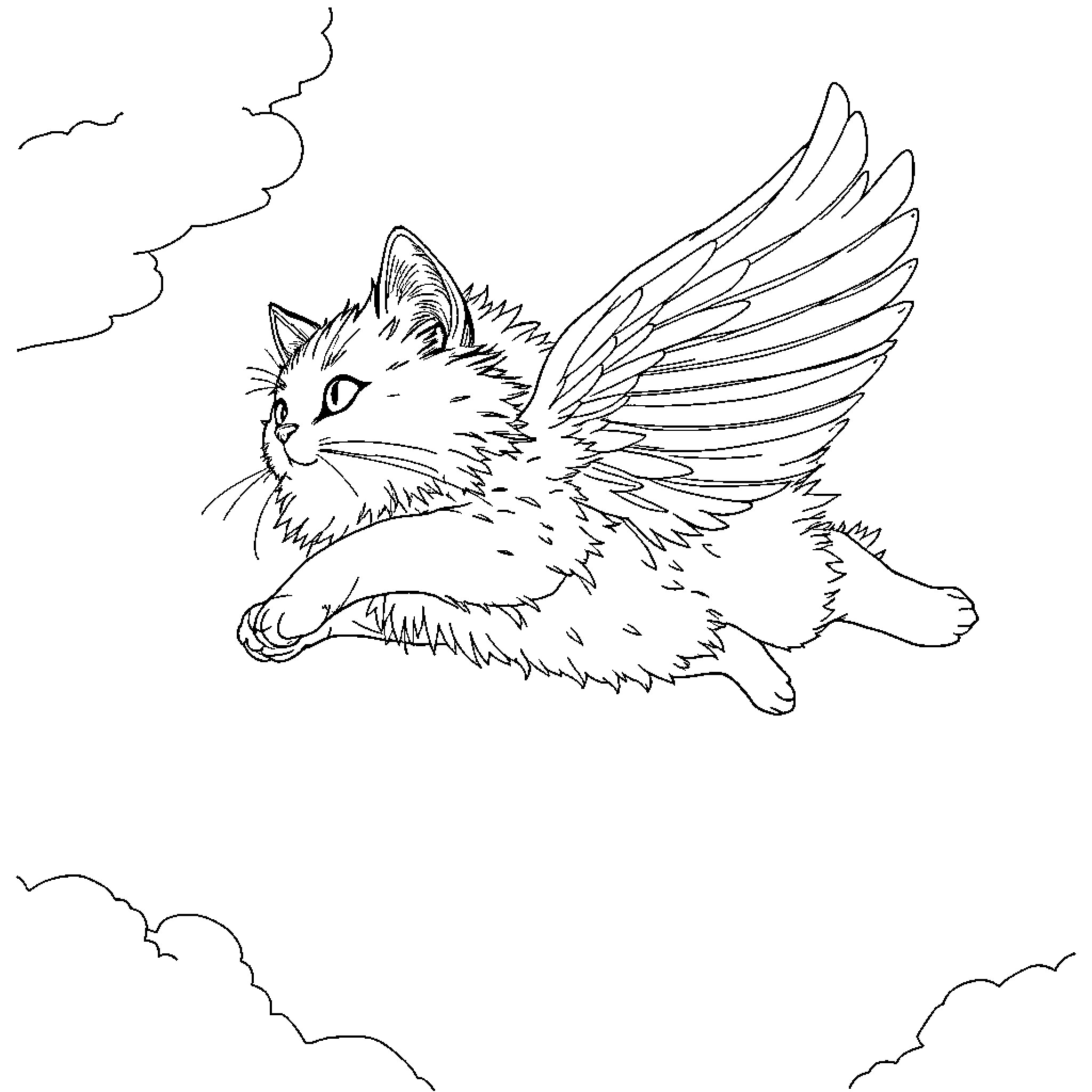 Flying Cat Soaring Through the Clouds Coloring Page (free black-and-white line drawing printable PDF for all, from beginners to advanced learners, including children, teens, adults, and seniors)