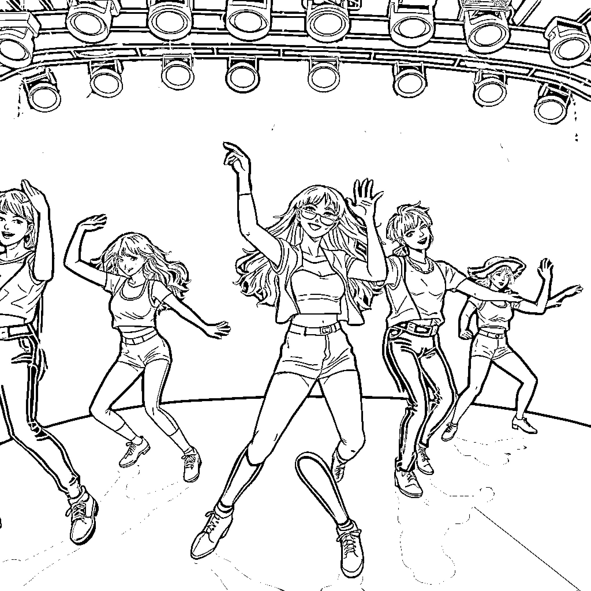 K Pop Dancers Performing on Stage Coloring Page (free black-and-white line drawing printable PDF for all, from beginners to advanced learners, including children, teens, adults, and seniors)