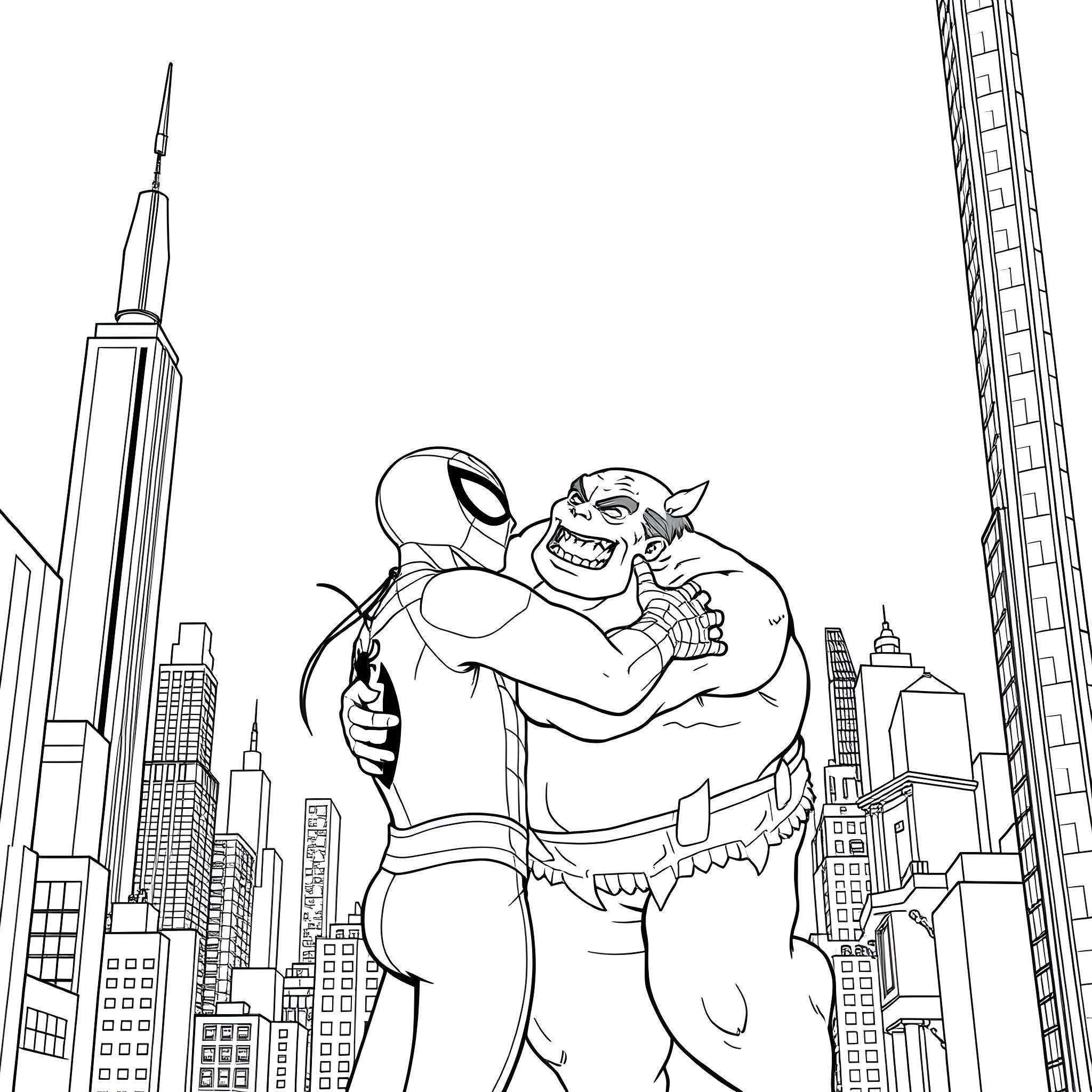 Spiderman battling a villainous character in the city Coloring Page (free black-and-white line drawing printable PDF for all, from beginners to advanced learners, including children, teens, adults, and seniors)
