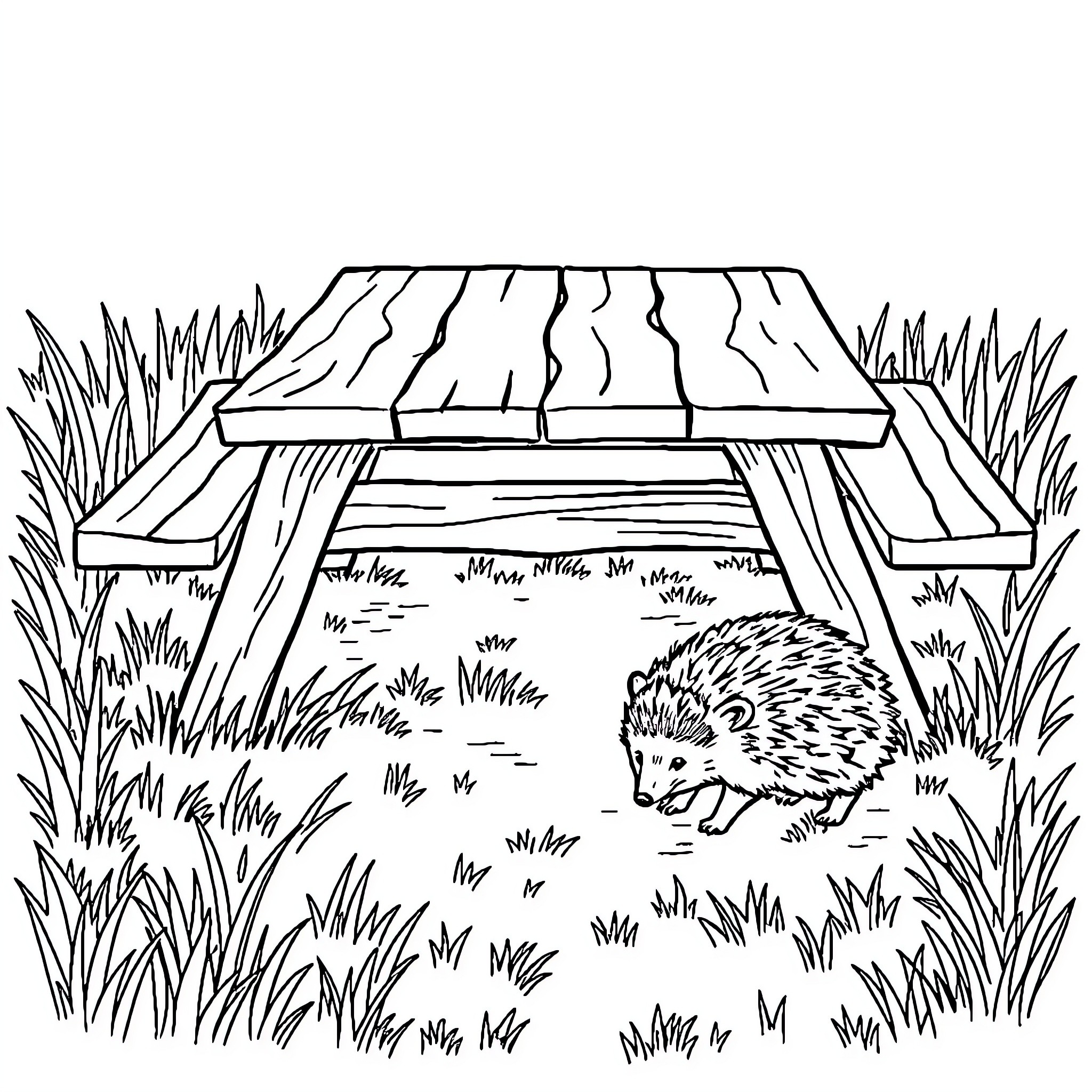 Hedgehog exploring the garden beneath a wooden bench Coloring Page (free black-and-white line drawing printable PDF for all, from beginners to advanced learners, including children, teens, adults, and seniors)
