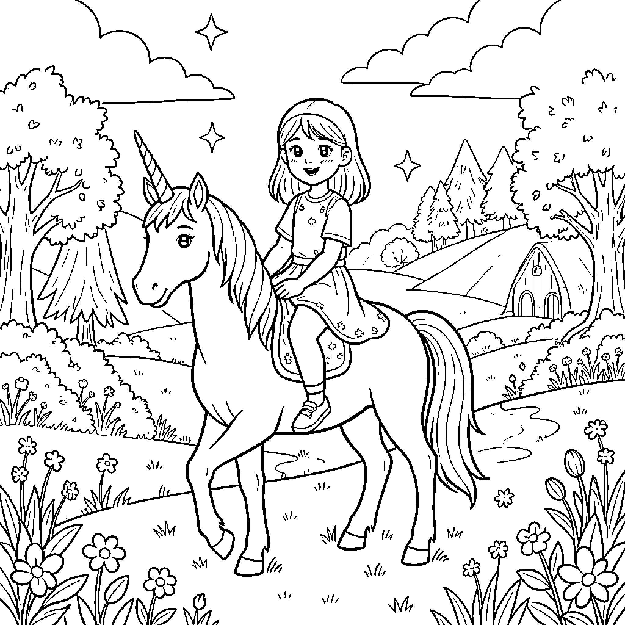 Unicorn carrying a happy girl through a meadow Coloring Page (free black-and-white line drawing printable PDF for all, from beginners to advanced learners, including children, teens, adults, and seniors)