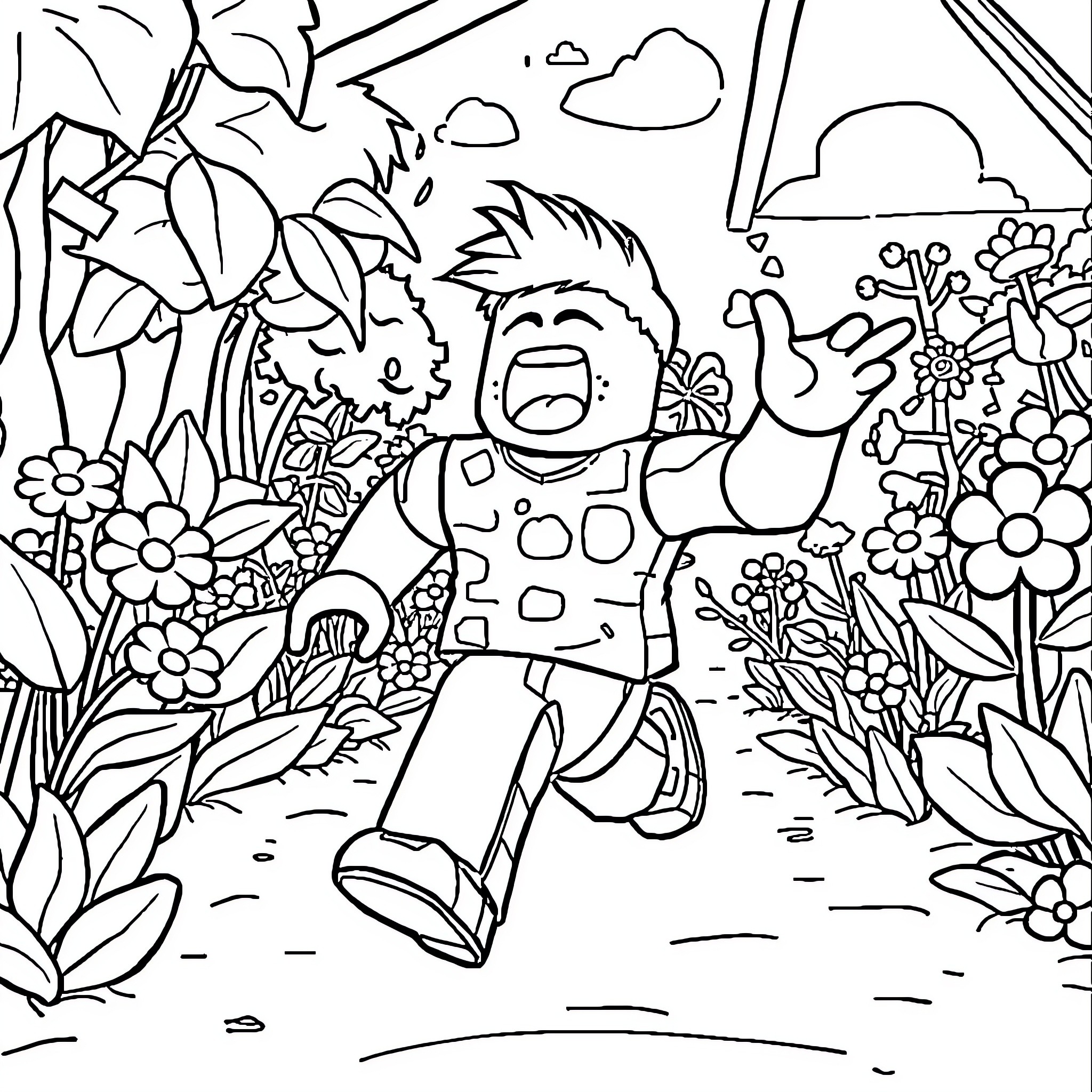 Roblox Character Exploring a Lush Jungle Coloring Page (free black-and-white line drawing printable PDF for all, from beginners to advanced learners, including children, teens, adults, and seniors)