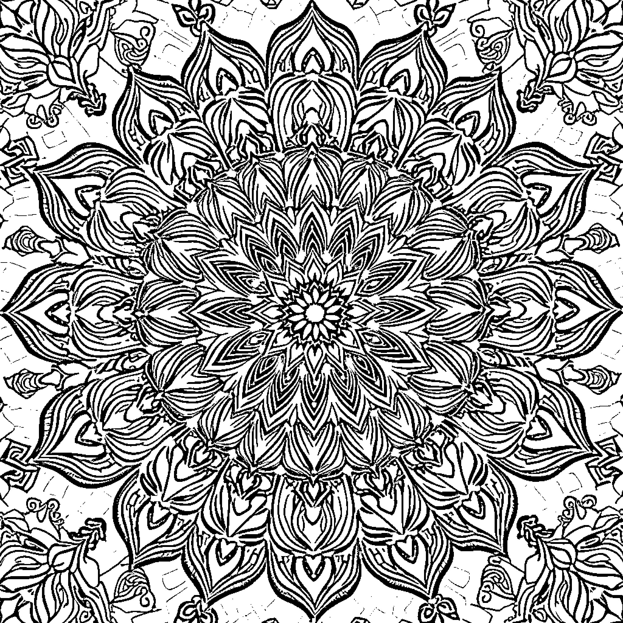 Mandala of intricate floral patterns and geometric designs Coloring Page (free black-and-white line drawing printable PDF for all, from beginners to advanced learners, including children, teens, adults, and seniors)