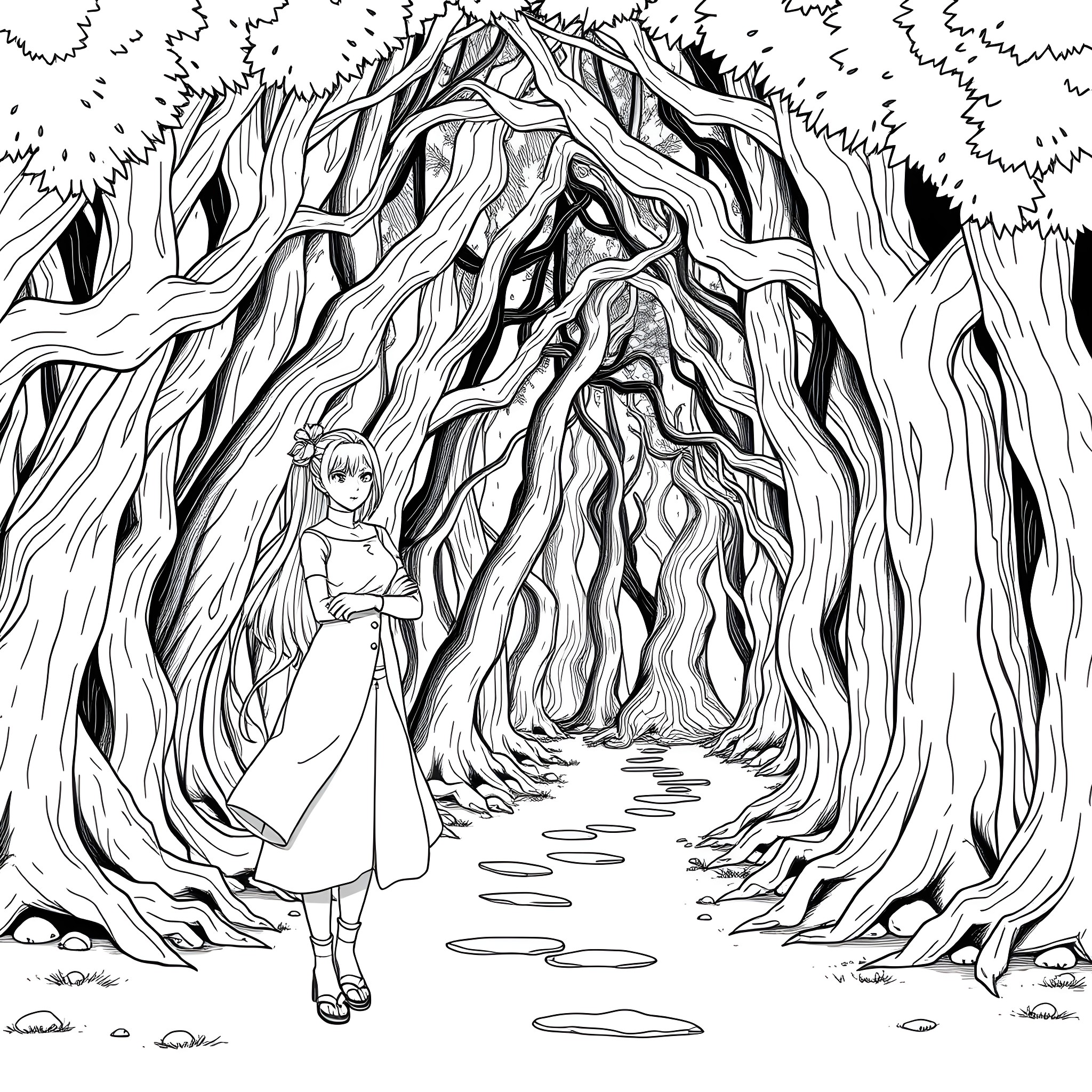 Hinata's Journey Through the Enchanted Forest Coloring Page (free black-and-white line drawing printable PDF for all, from beginners to advanced learners, including children, teens, adults, and seniors)