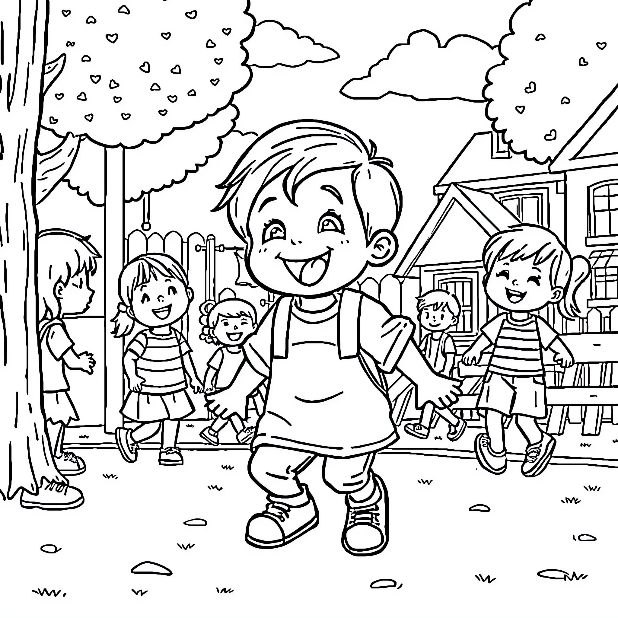 Kid playing happily with friends in a neighborhood Coloring Page (free black-and-white line drawing printable PDF for all, from beginners to advanced learners, including children, teens, adults, and seniors)