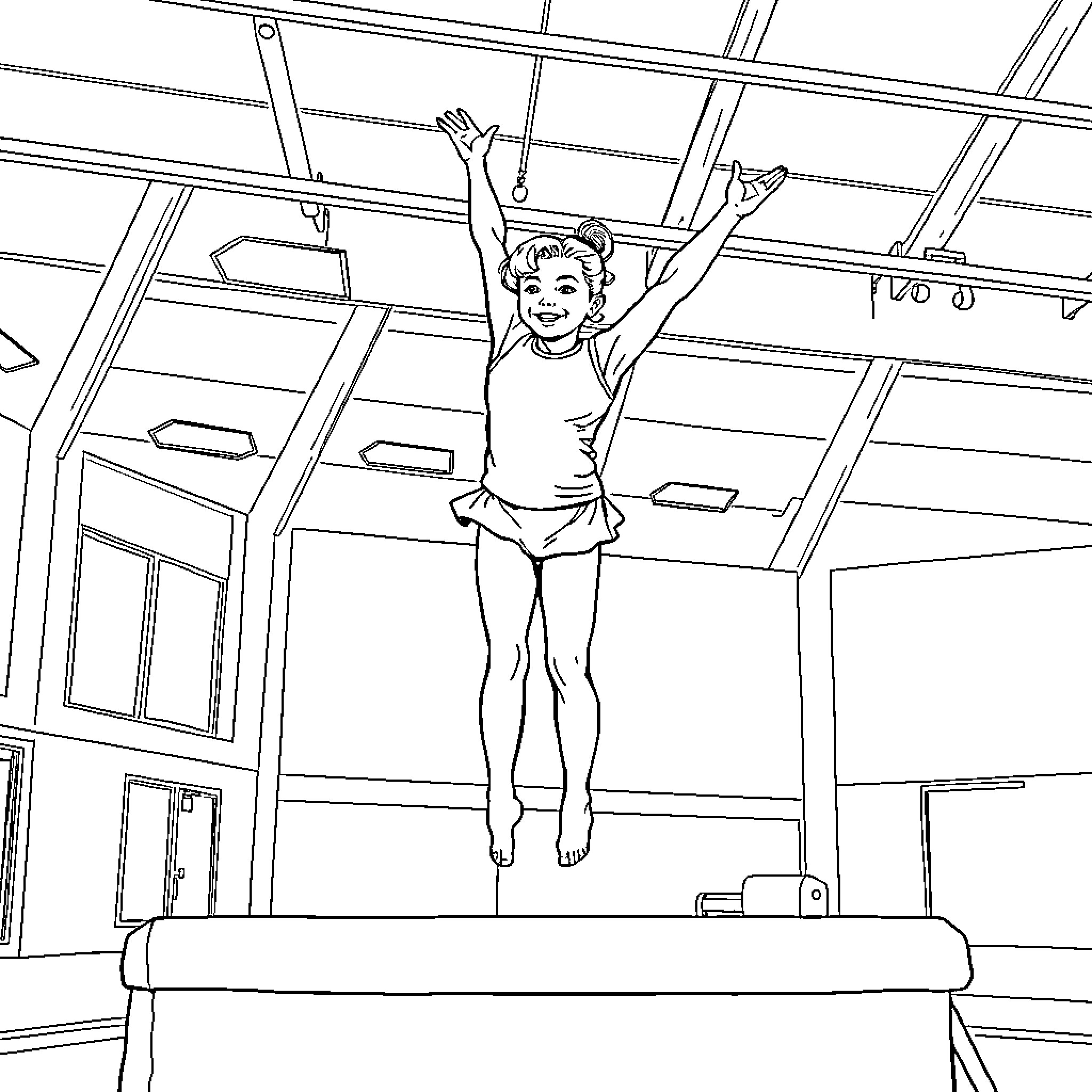 Girl performing gymnastics on uneven bars Coloring Page (free black-and-white line drawing printable PDF for all, from beginners to advanced learners, including children, teens, adults, and seniors)