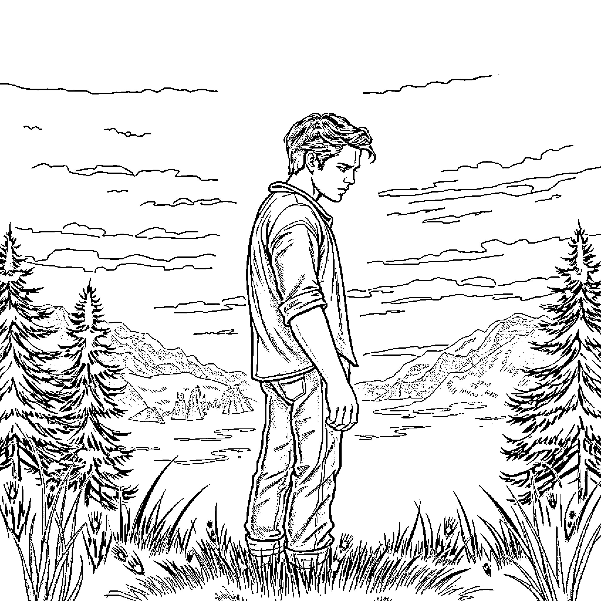 Edward Contemplating in the Serene Wilderness Coloring Page (free black-and-white line drawing printable PDF for all, from beginners to advanced learners, including children, teens, adults, and seniors)