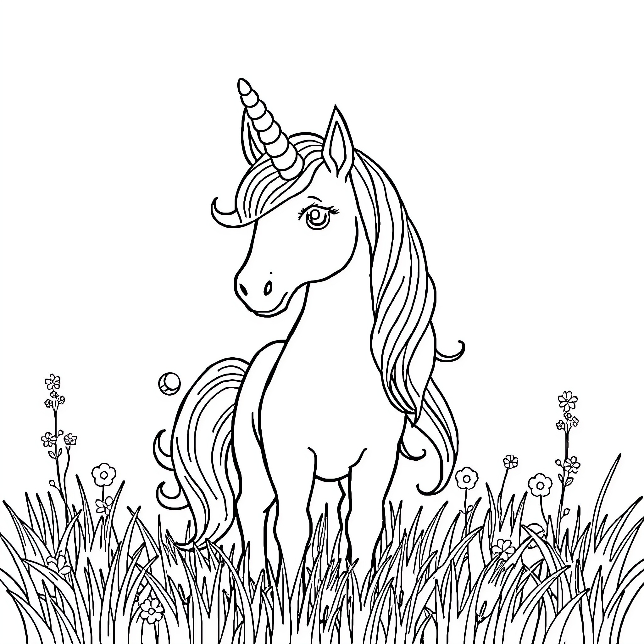 Unicorn standing proudly in a magical meadow Coloring Page (free black-and-white line drawing printable PDF for all, from beginners to advanced learners, including children, teens, adults, and seniors)