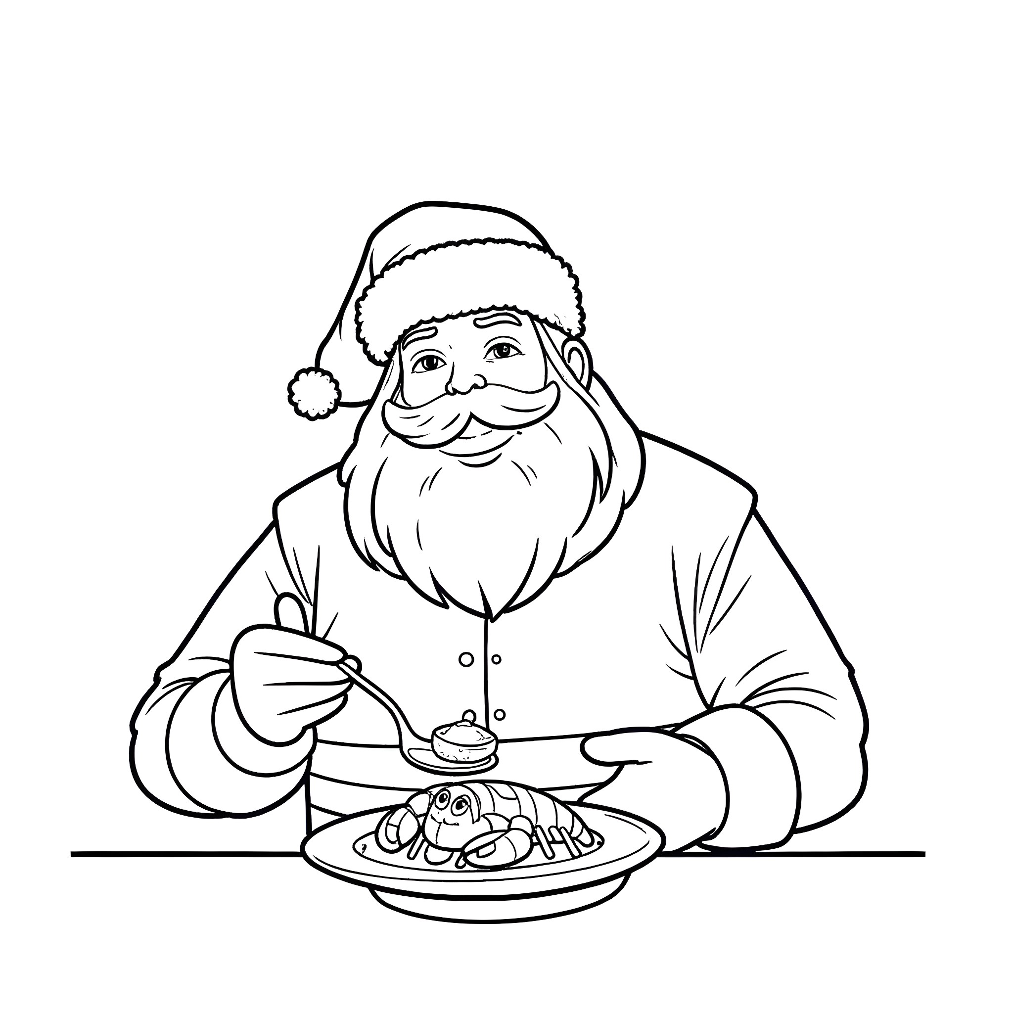 Santa enjoying a hearty meal Coloring Page (free black-and-white line drawing printable PDF for all, from beginners to advanced learners, including children, teens, adults, and seniors)