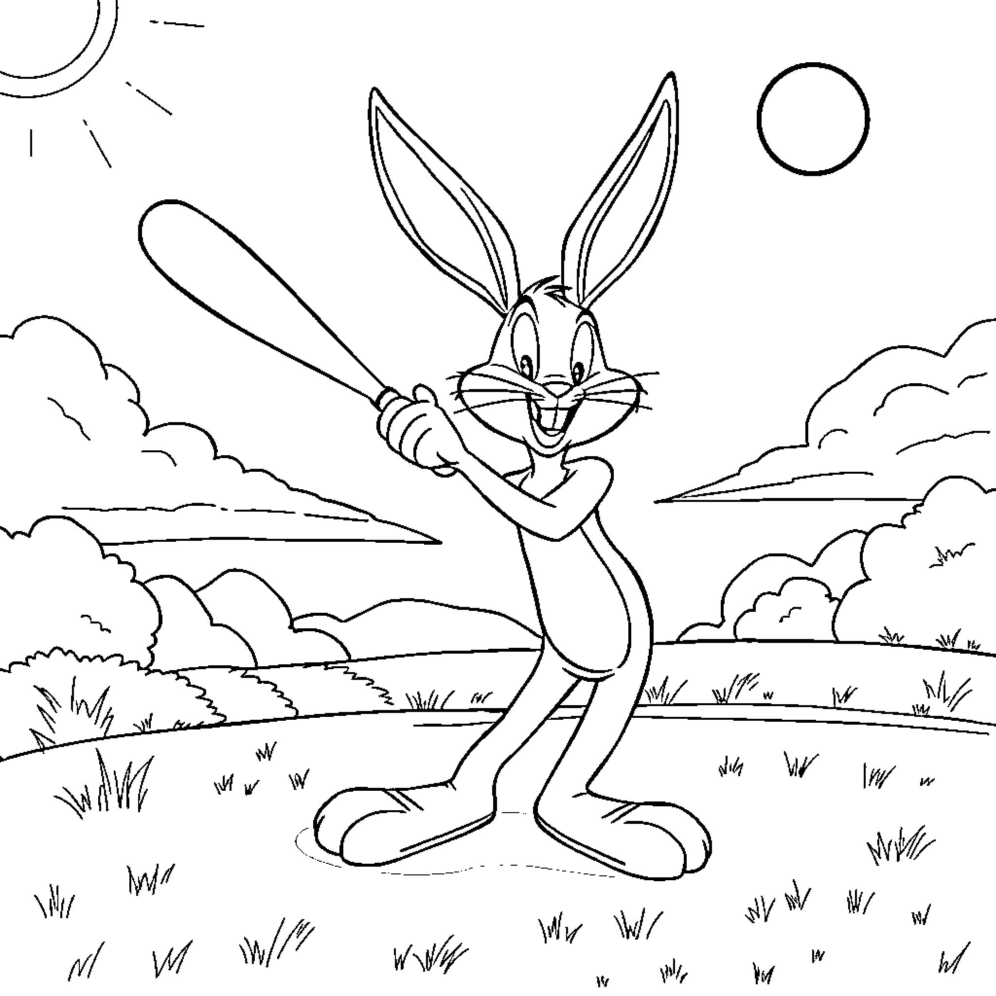Bugs Bunny mischievously wielding a bat in a pastoral scene Coloring Page (free black-and-white line drawing printable PDF for all, from beginners to advanced learners, including children, teens, adults, and seniors)