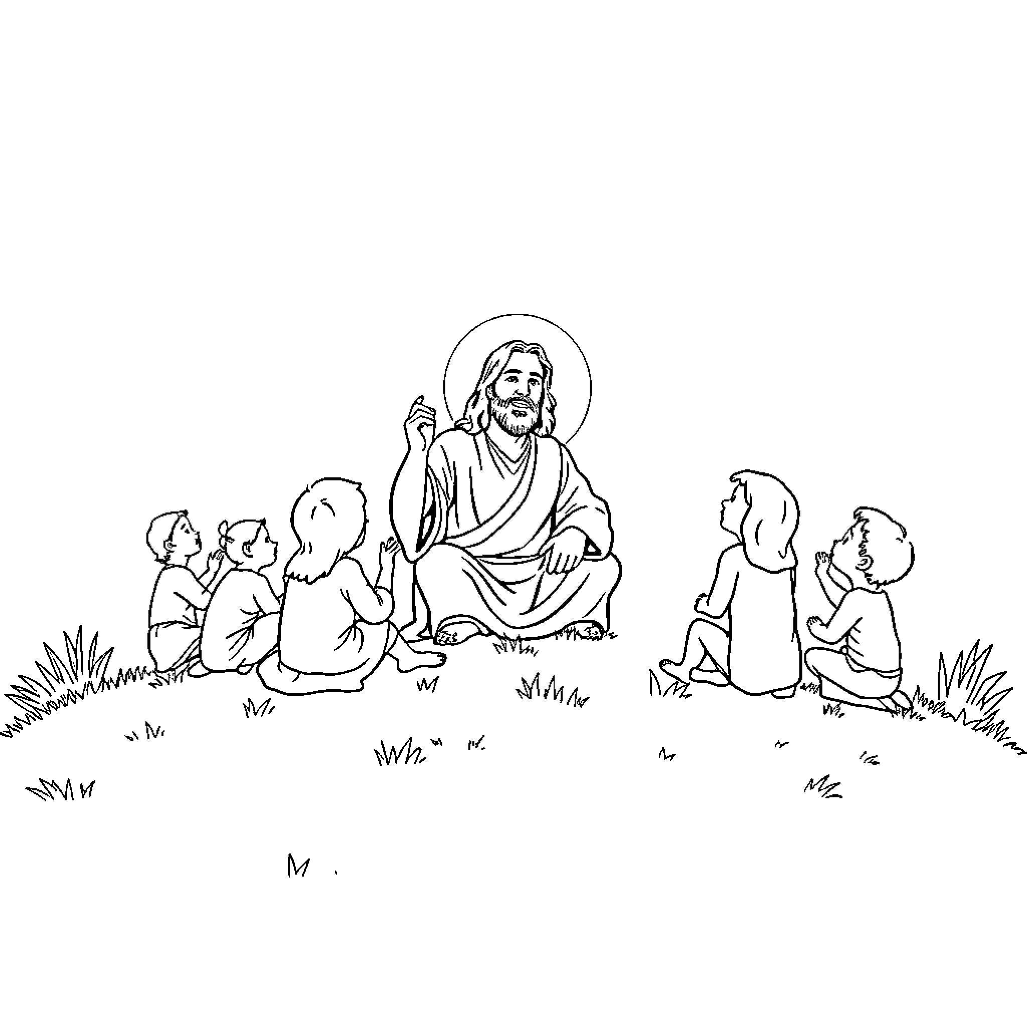 Jesus teaching and blessing children in the field Coloring Page (free black-and-white line drawing printable PDF for all, from beginners to advanced learners, including children, teens, adults, and seniors)